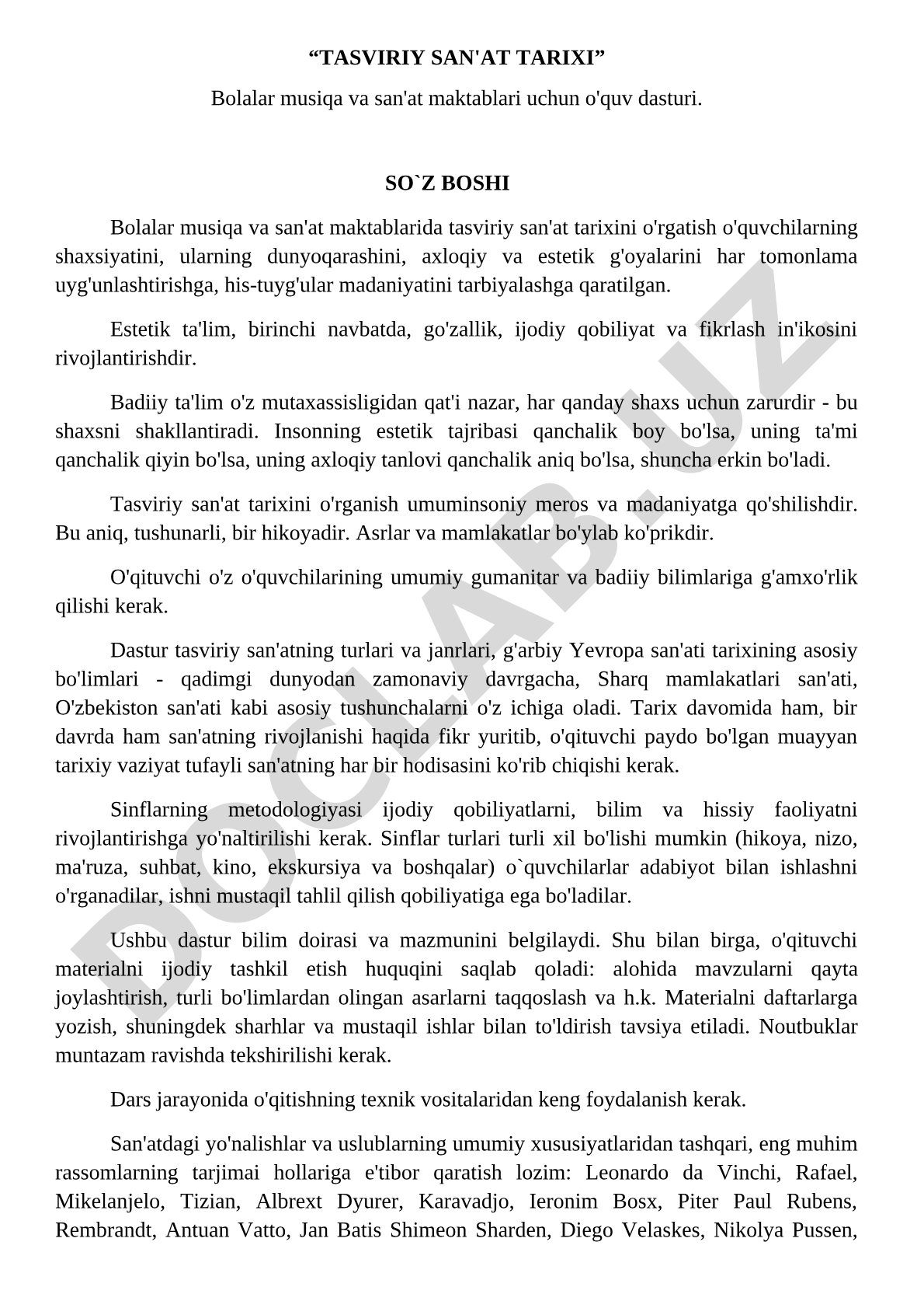 Tasviriy san'at tarixi o'quv dasturi