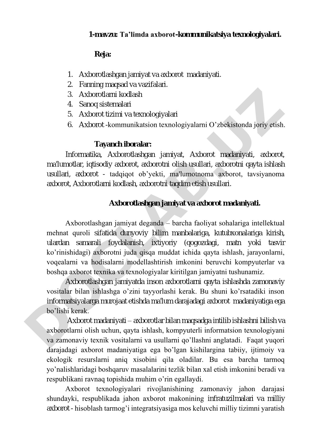 Axborotlashgan jamiyat, axborot madaniyati, kodlash, sanoq sistemalari, AKTni