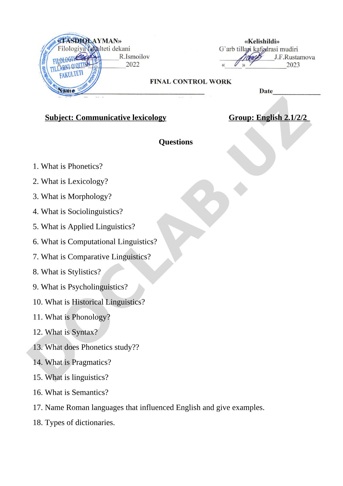 Questions on various linguistics topics including phonetics, lexicology, and semantics