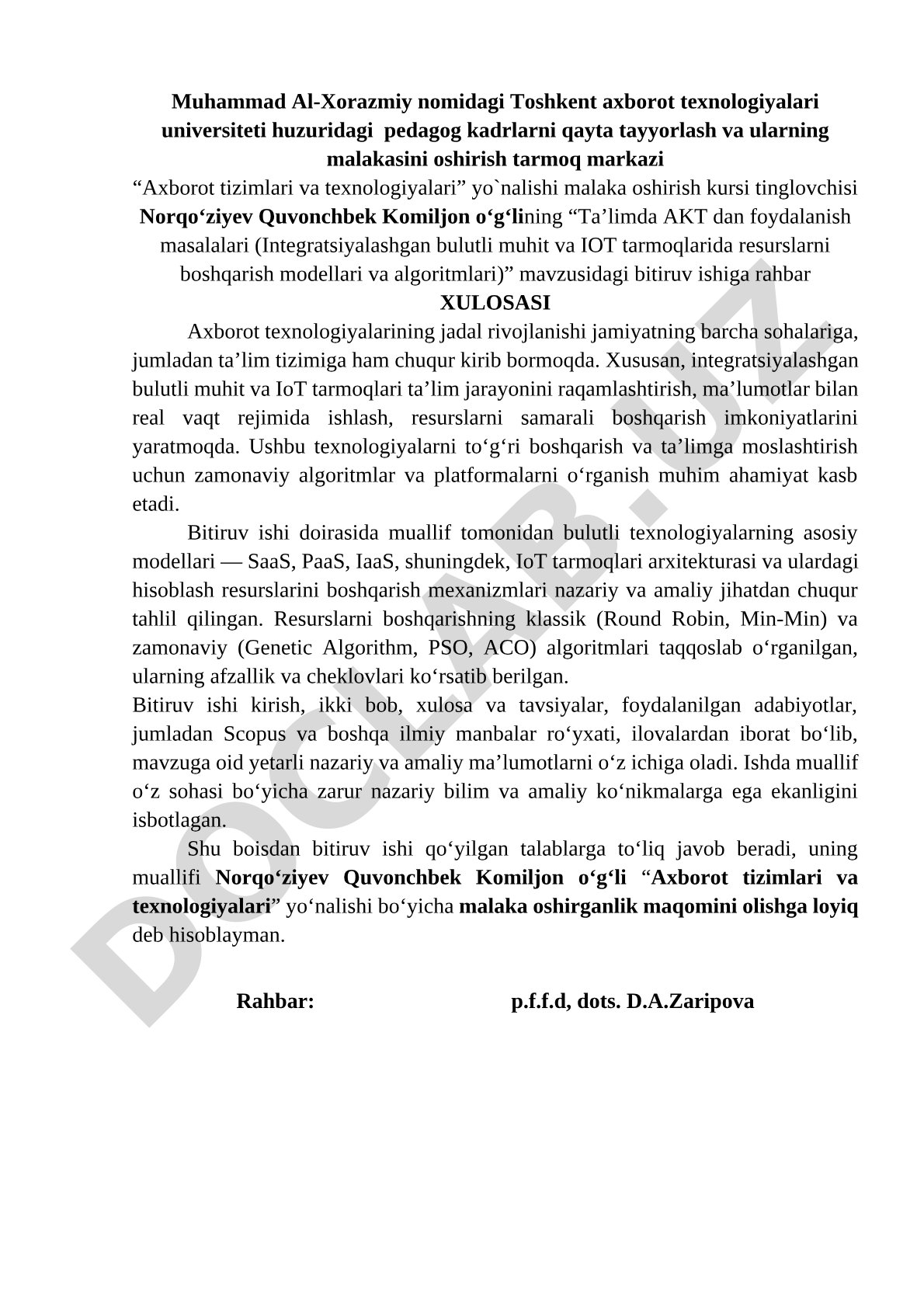Ta’limda AKT dan foydalanish masalalari (Integratsiyalashgan bulutli muhit va IOT tarmoqlarida resurslarni boshqarish modellari va algoritmlari)
