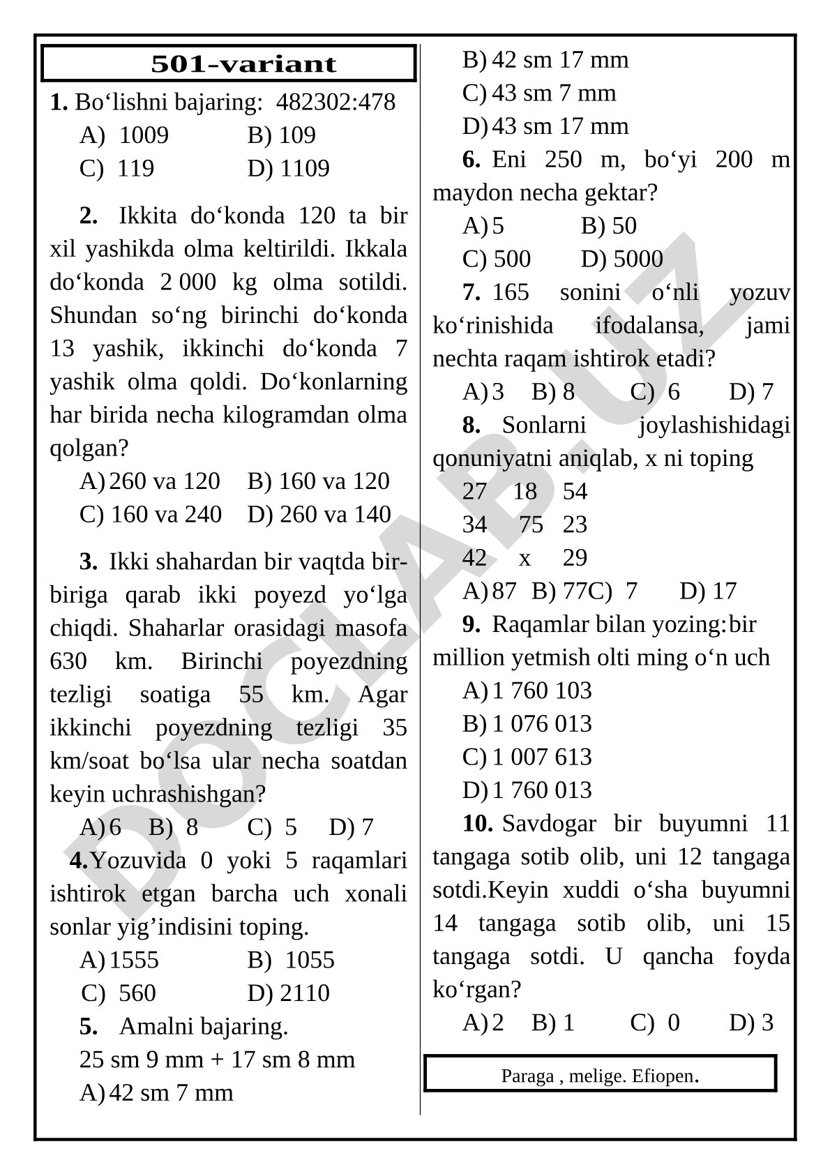 501-variant matematika testi