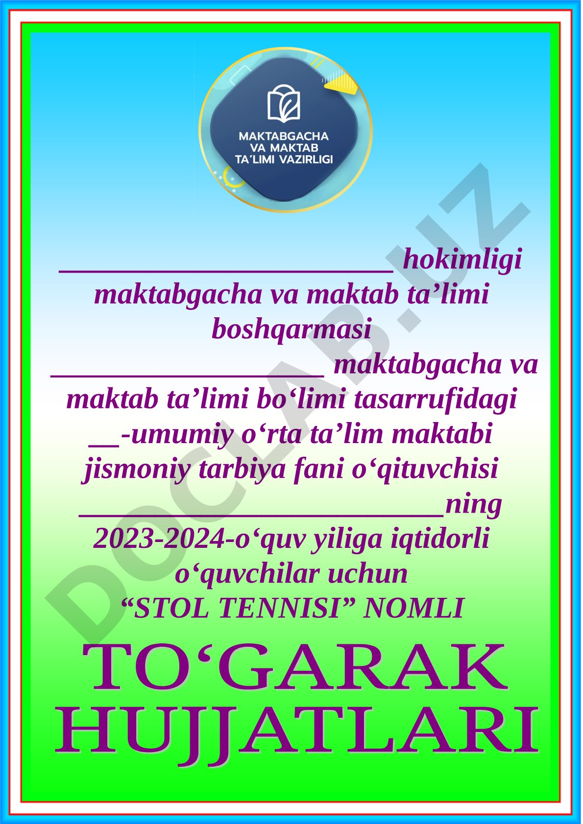 Iqtidorli o‘quvchilar uchun stol tennisi to‘garagi ish rejasi