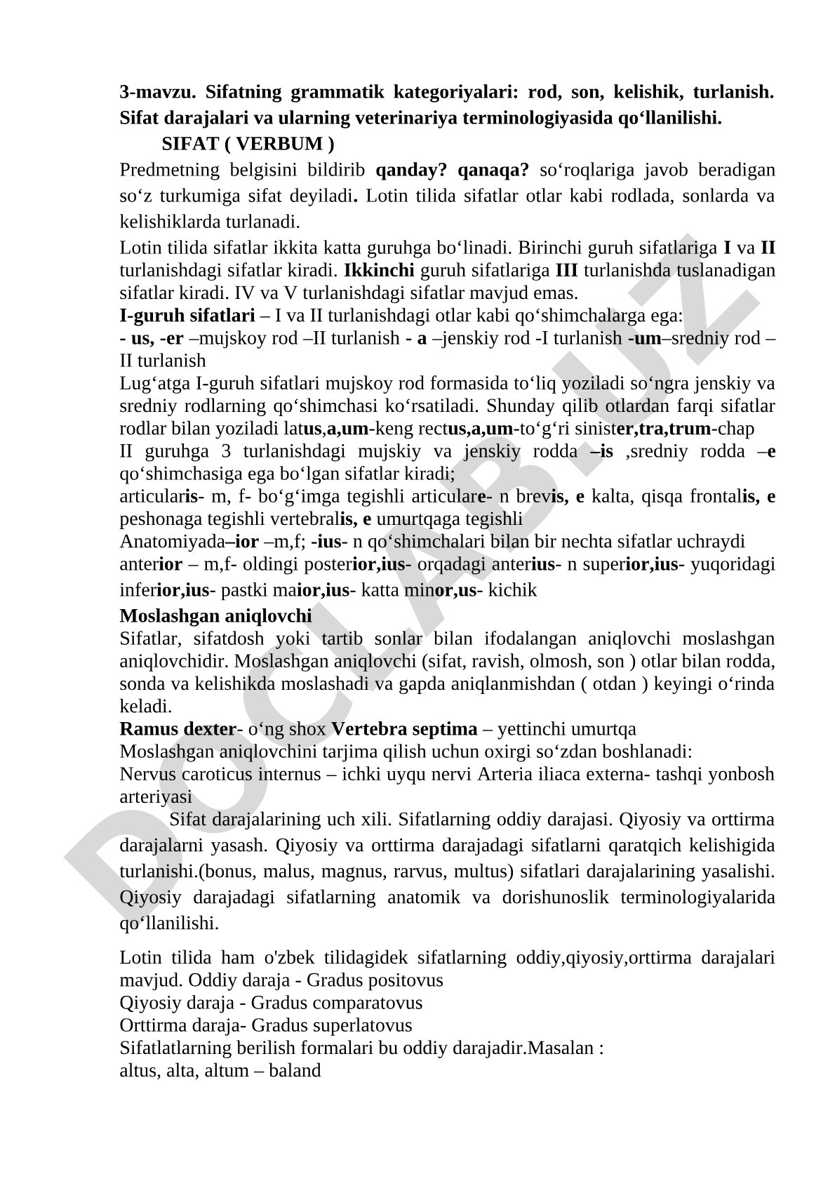 Sifatning grammatik katеgoriyalari: rod, son, kеlishik, turlanish. Sifat darajalari va ularning veterinariya terminologiyasida qo‘llanilishi.