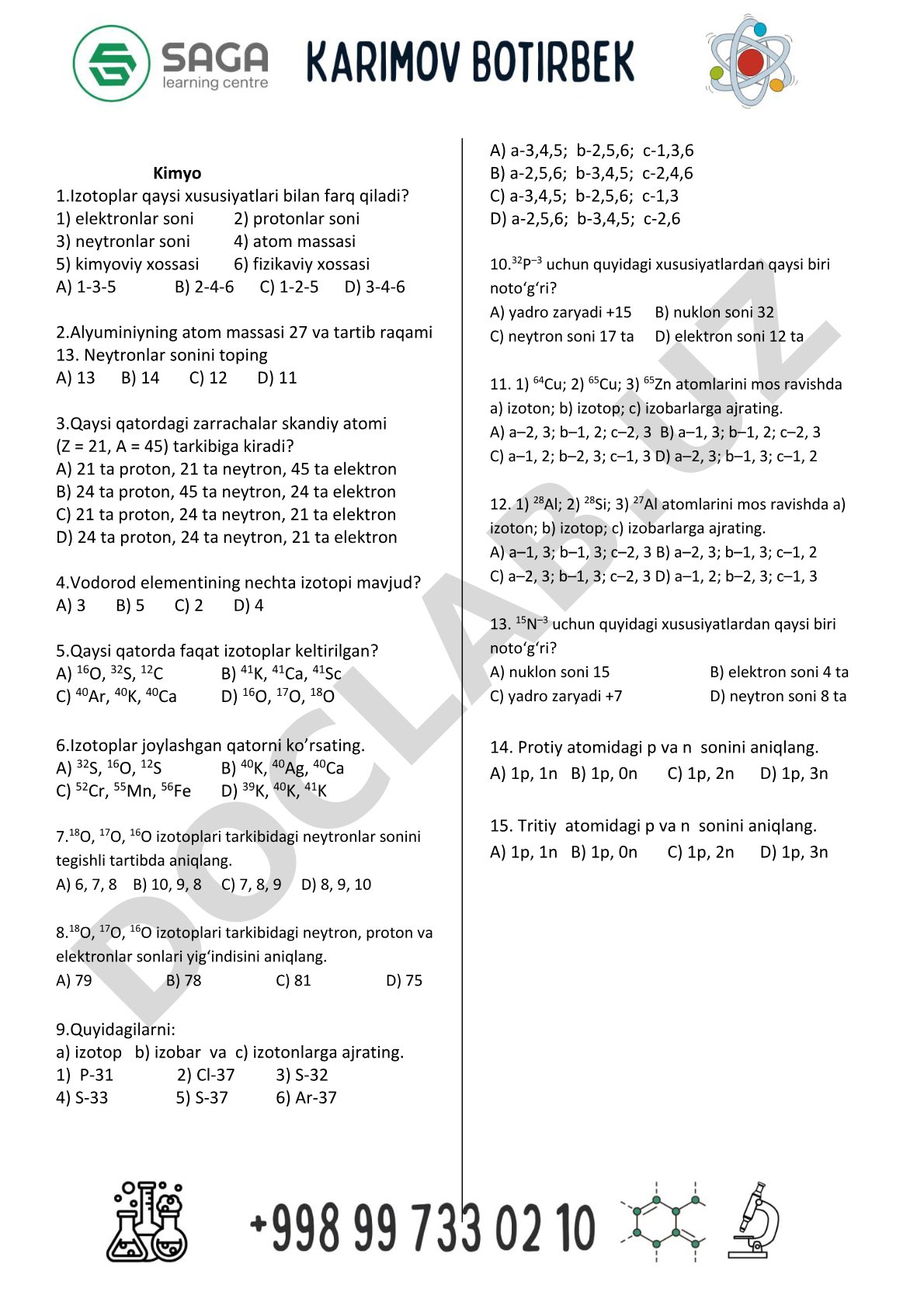 Kimyo izotoplar bo'yicha test savollari