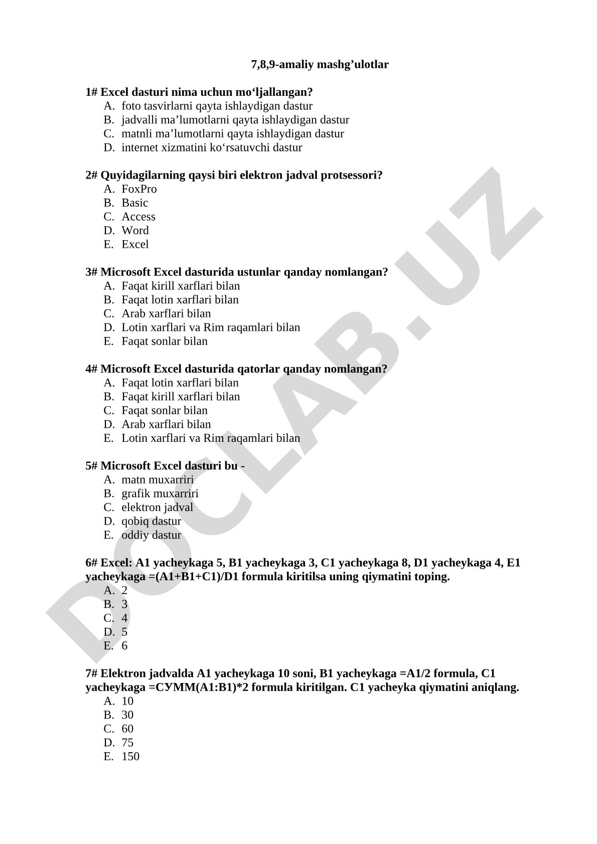 7,8,9-amaliy mashg'ulotlar