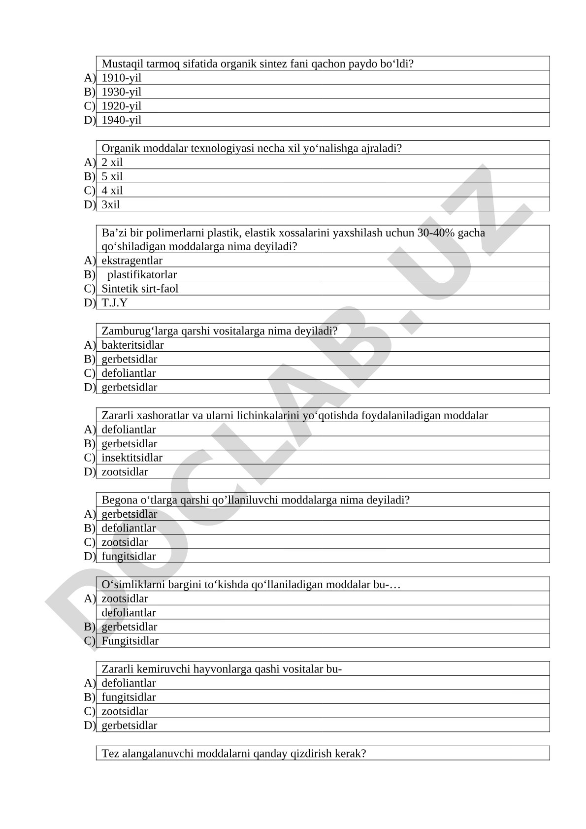 Organik sintez fani va kimyoviy moddalar bo'yicha test savollari