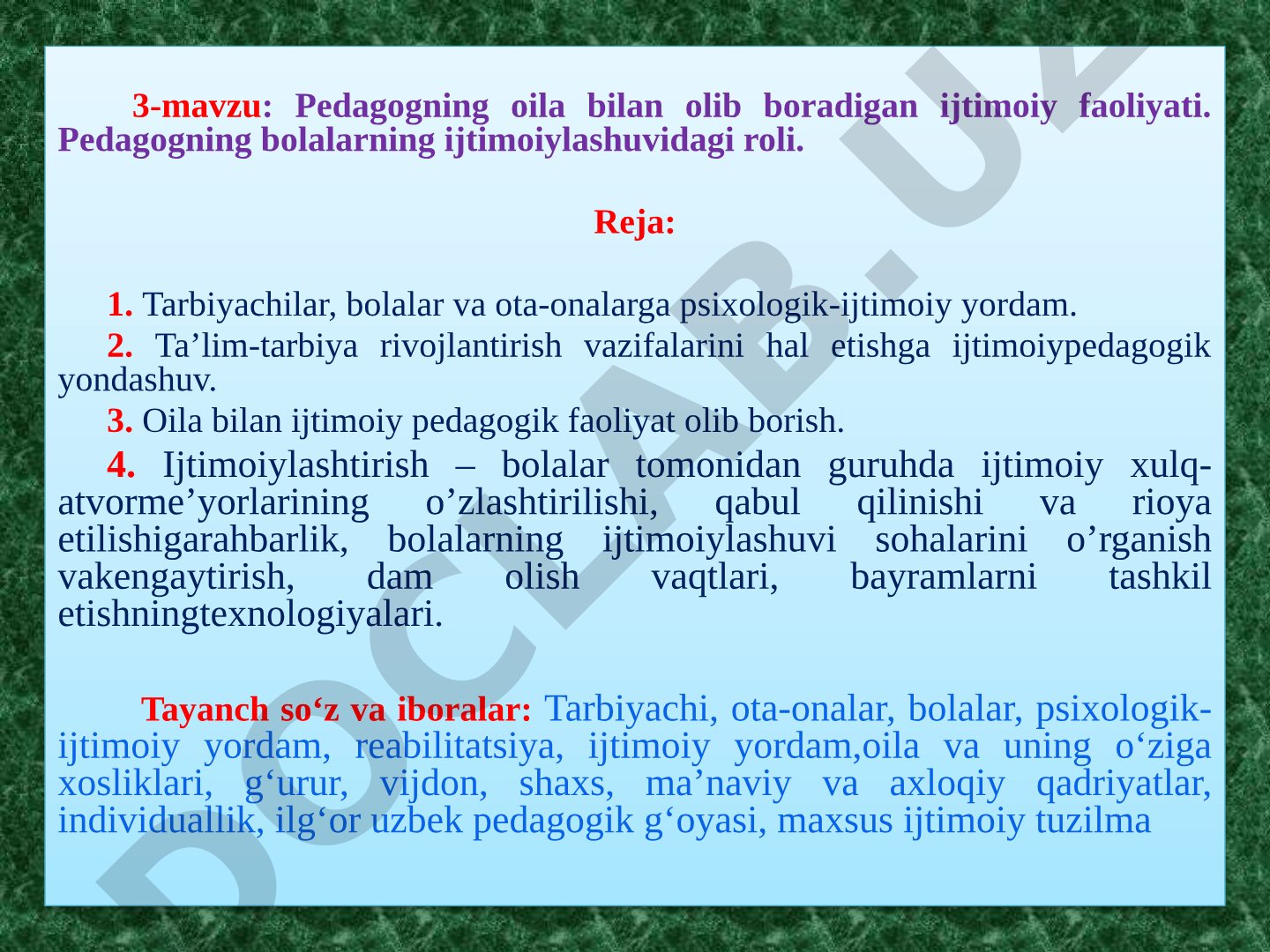 Pedagogning oila bilan olib boradigan ijtimoiy faoliyati