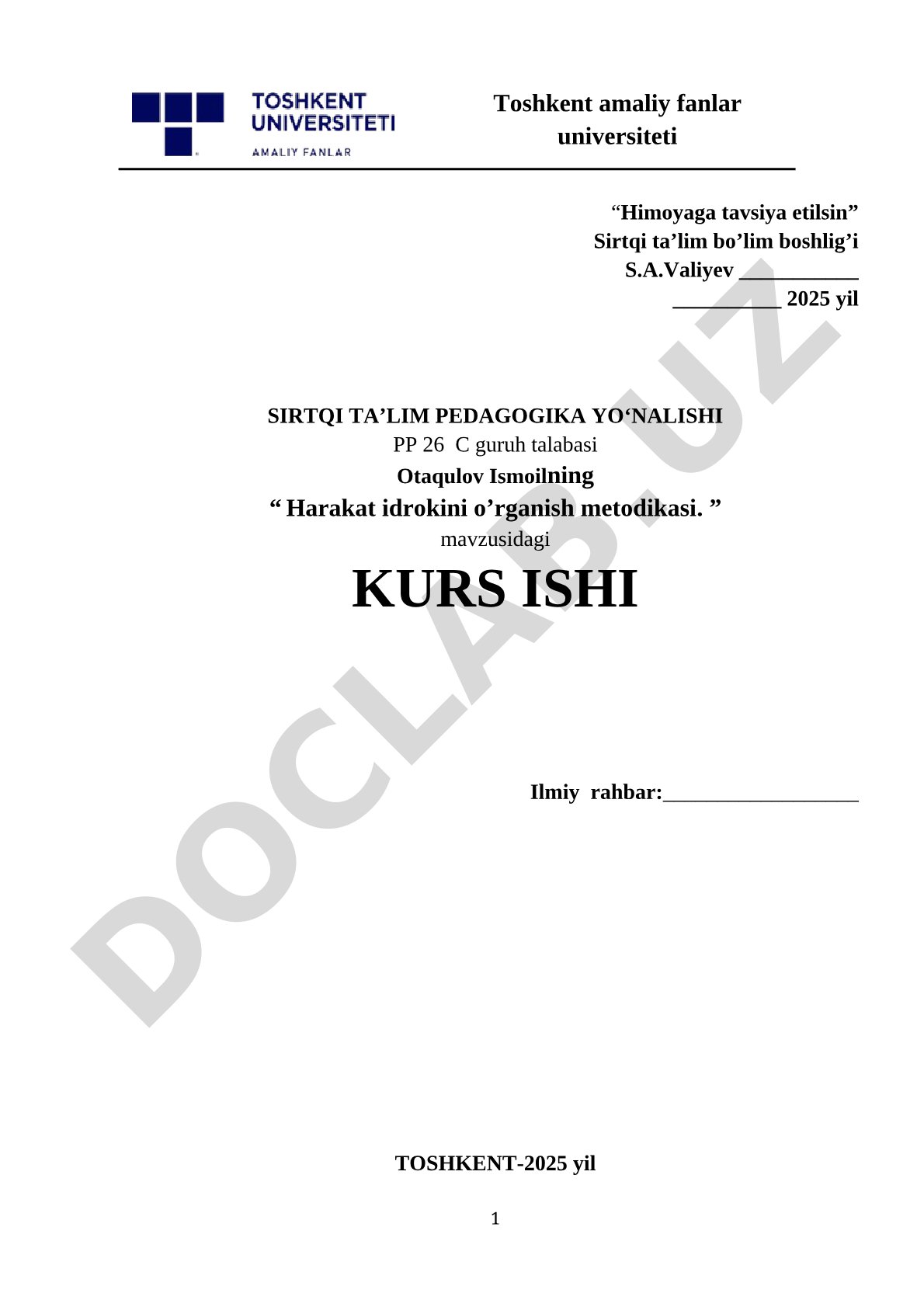Harakat idrokini o’rganish metodikasi