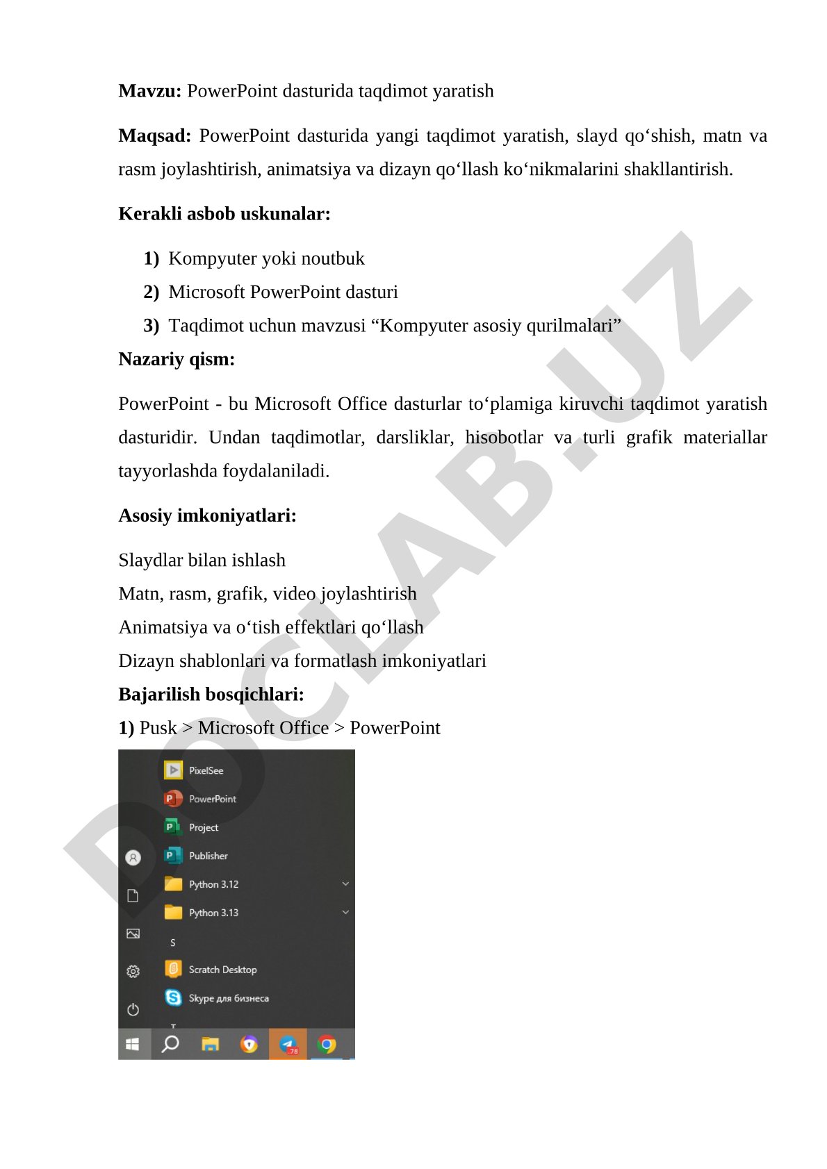PowerPoint dasturida taqdimot yaratish