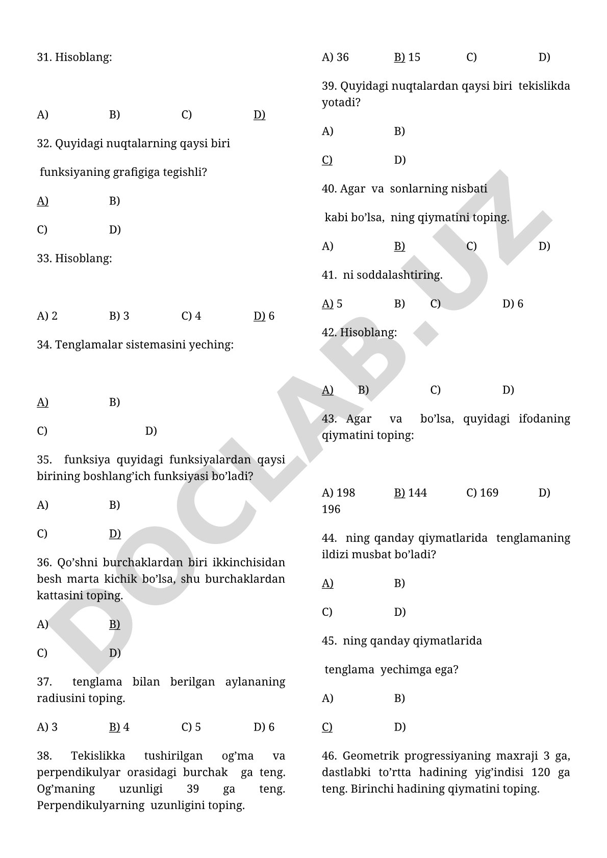 Matematika fanidan test savollari to'plami