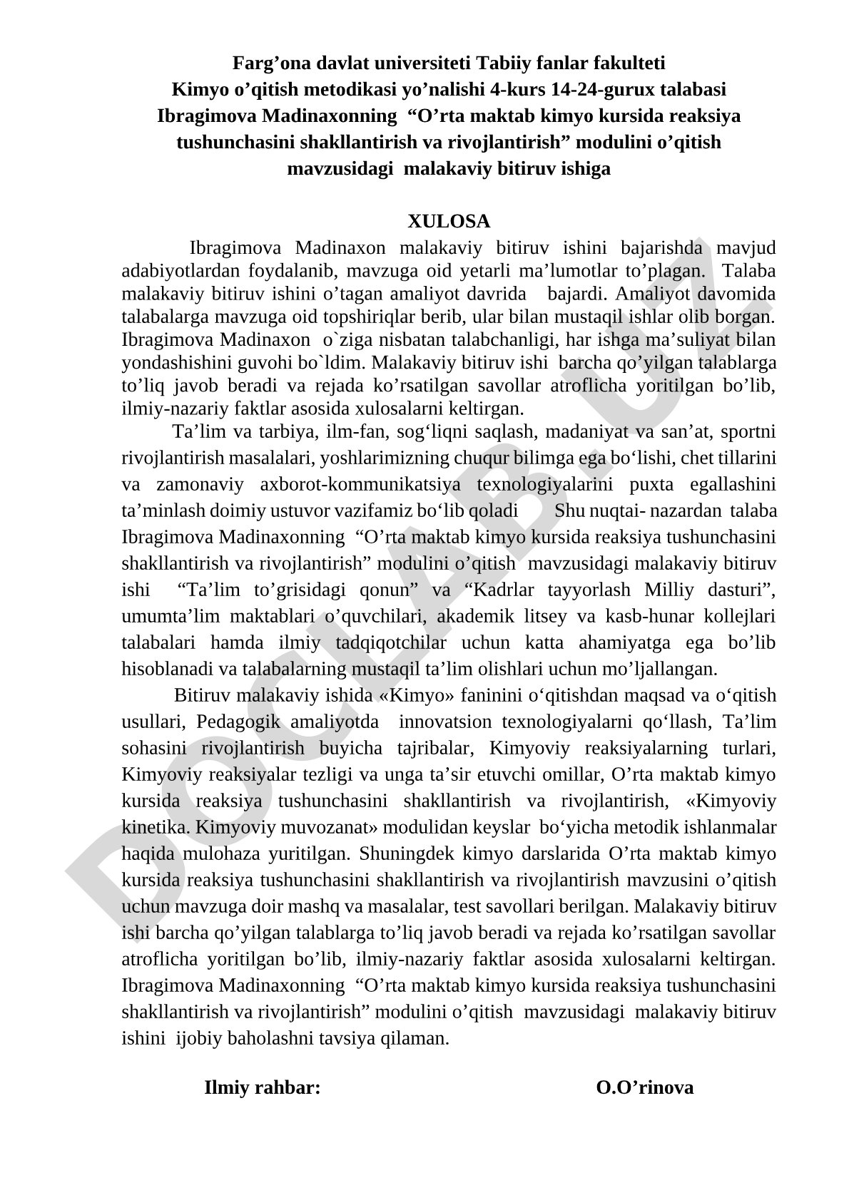 O’rta maktab kimyo kursida reaksiya tushunchasini shakllantirish va rivojlantirish modulini o’qitish