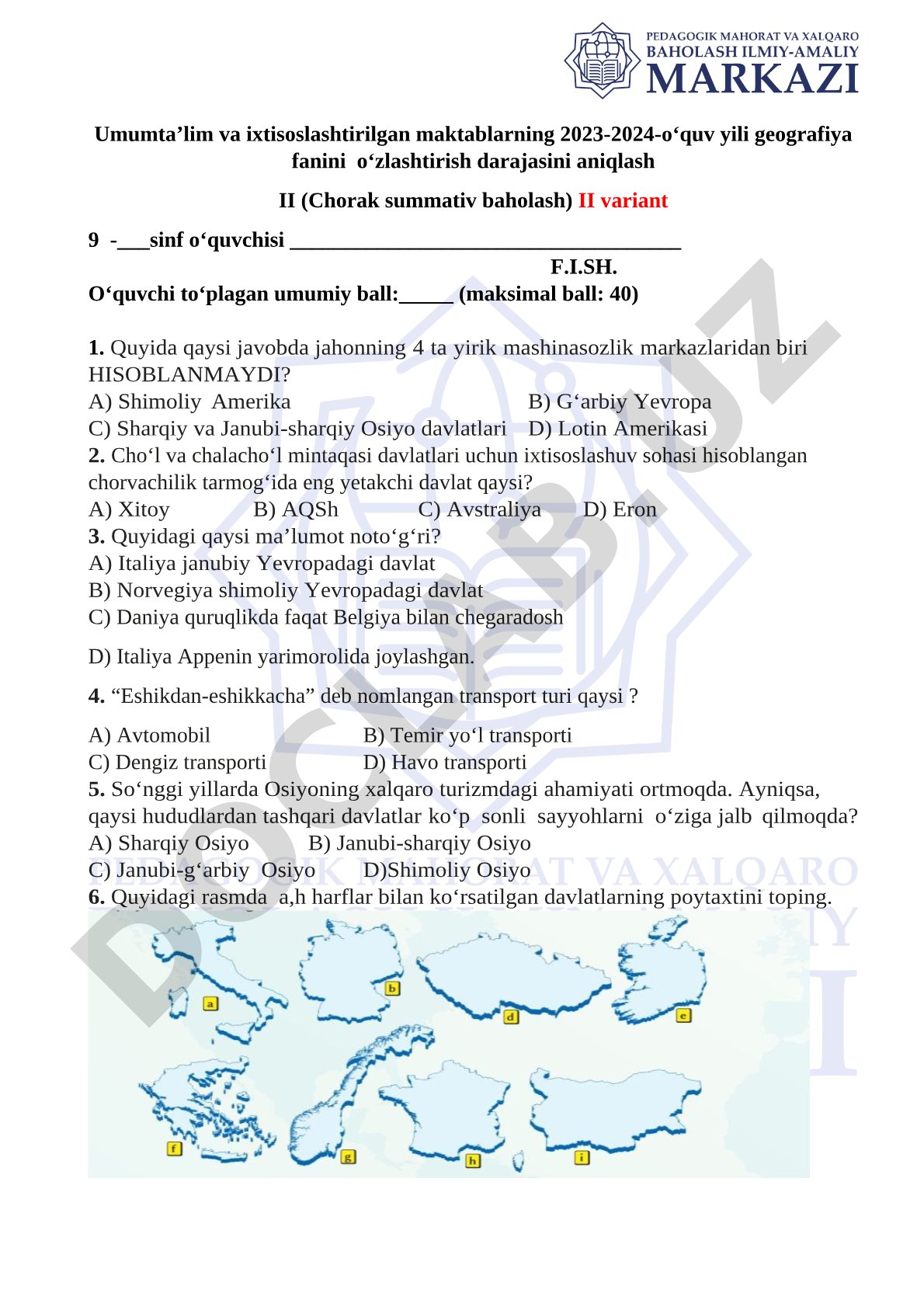 Geografiya fanidan 9-sinf chorak summativ baholash testi