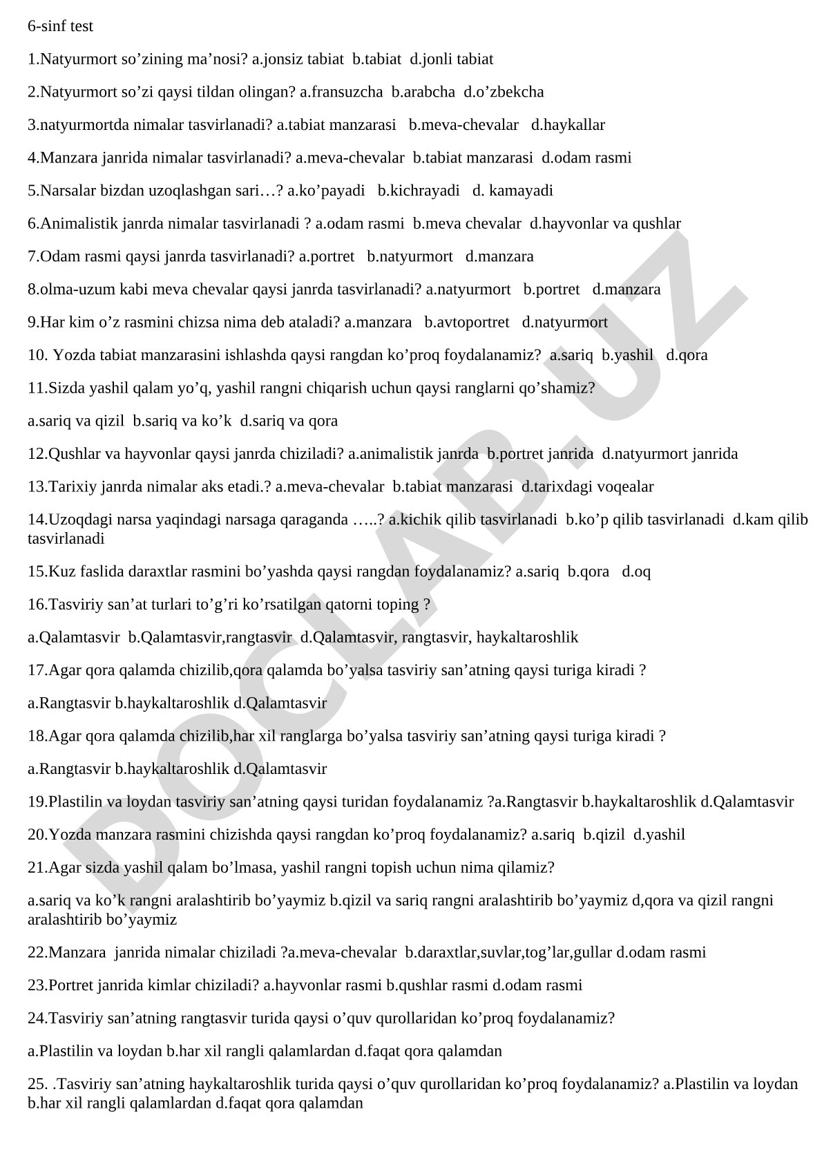 6-sinf uchun tasviriy san'at janrlari bo'yicha test savollari