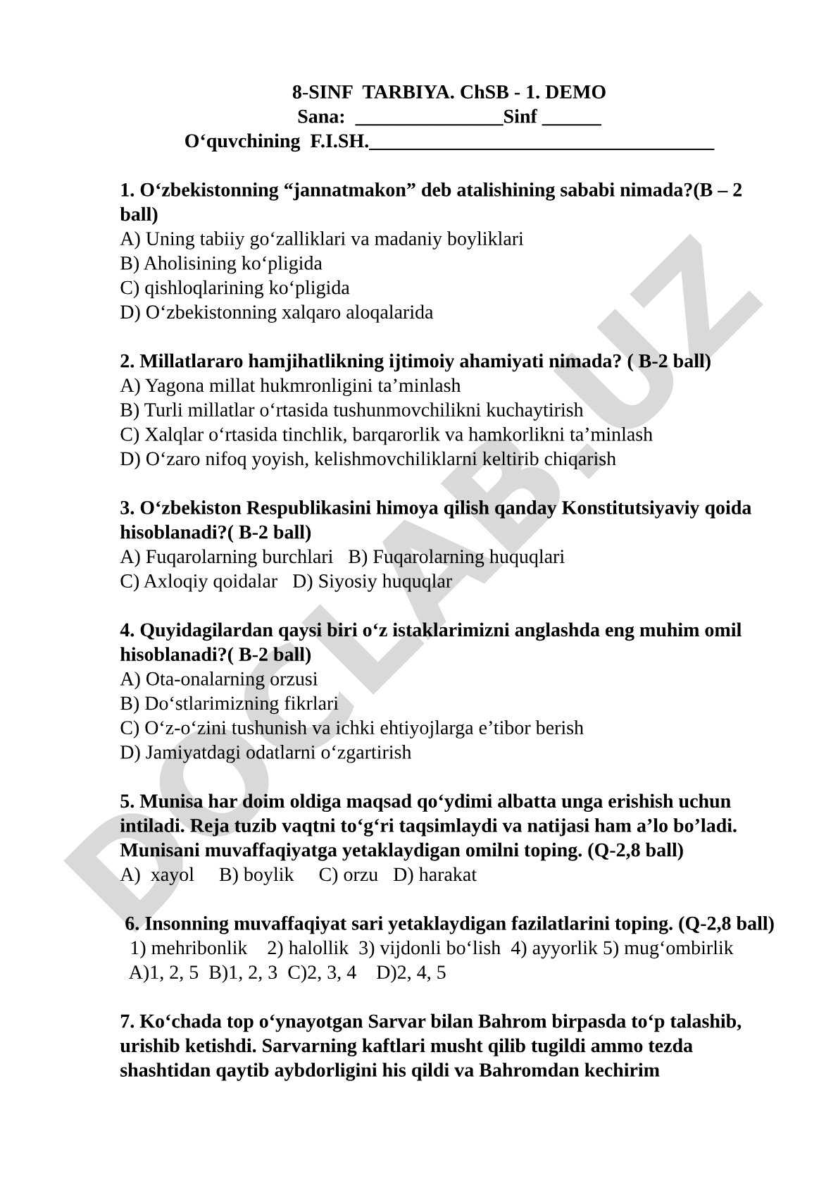 8-sinf Tarbiya fanidan ChSB-1 demo test savollari