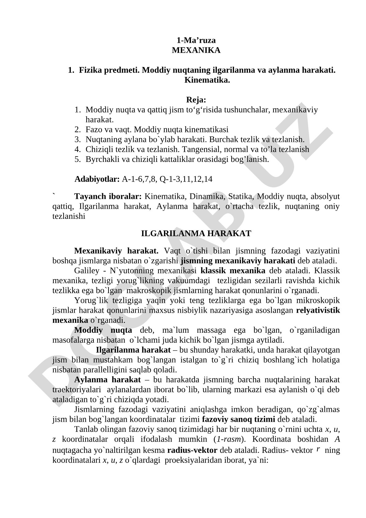 Mexanika. Fizika predmeti. Moddiy nuqtaning ilgarilanma va aylanma harakati. Kinematika.