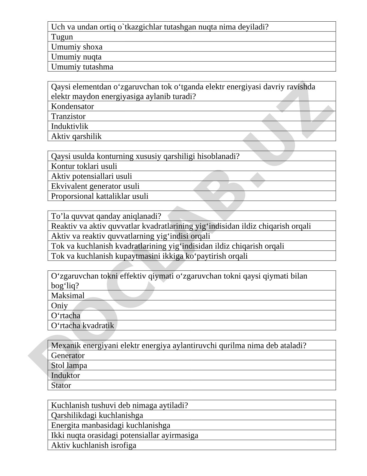 Elektr zanjirlari va o'zgaruvchan tokka oid test savollari