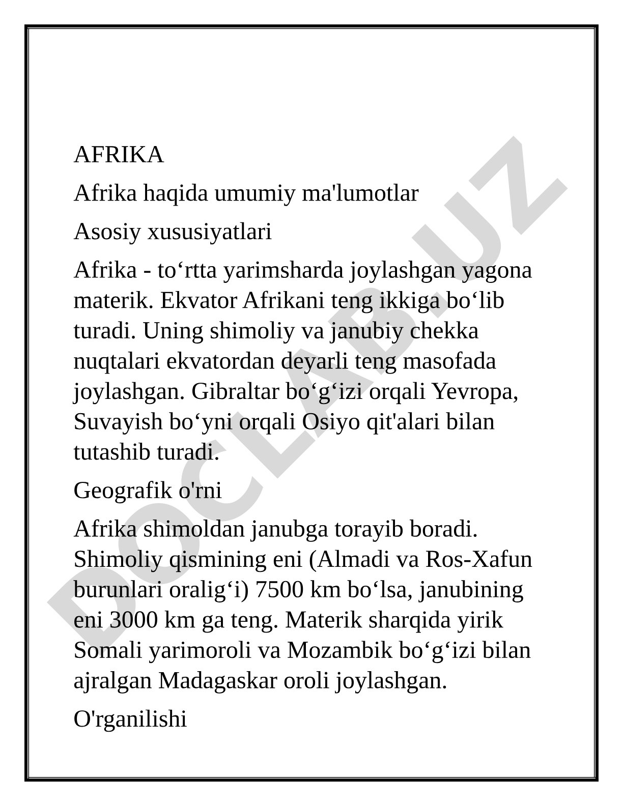 Afrika haqida umumiy ma'lumotlar