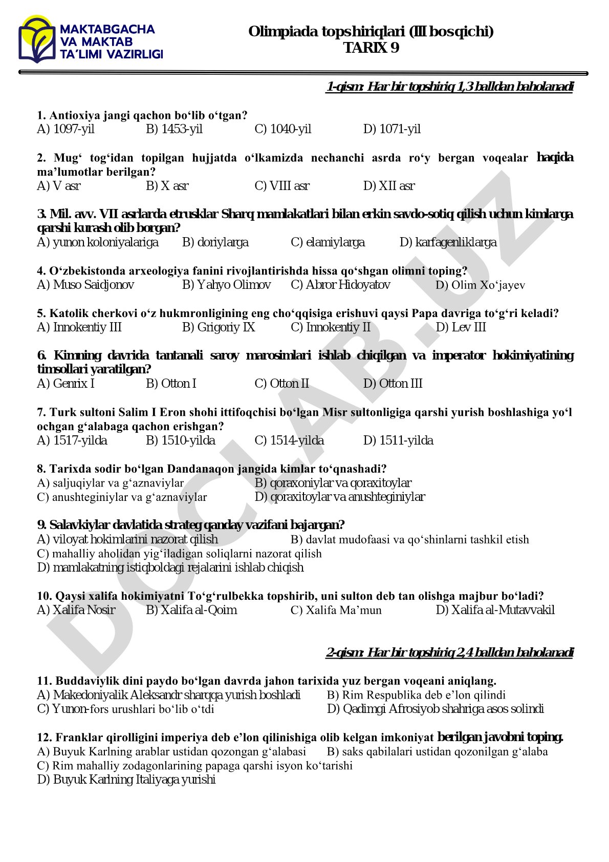 Tarix 9-sinf olimpiada topshiriqlari