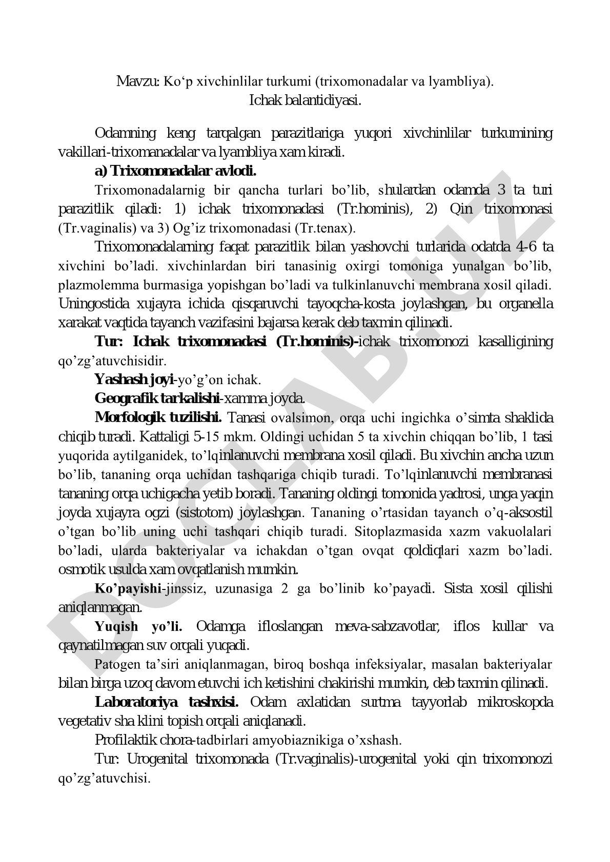 Ko‘p xivchinlilar turkumi (trixomonadalar va lyambliya). Ichak balantidiyasi