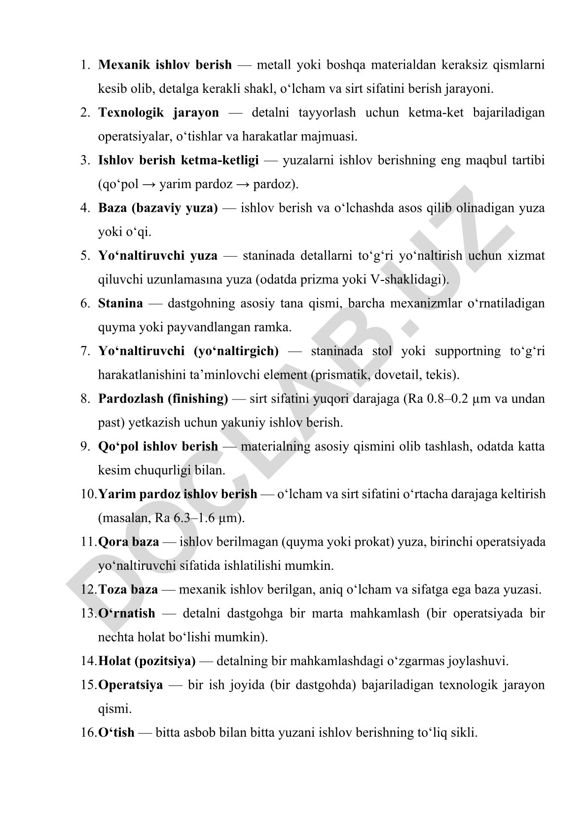 Mexanik ishlov berish va texnologik jarayonlar