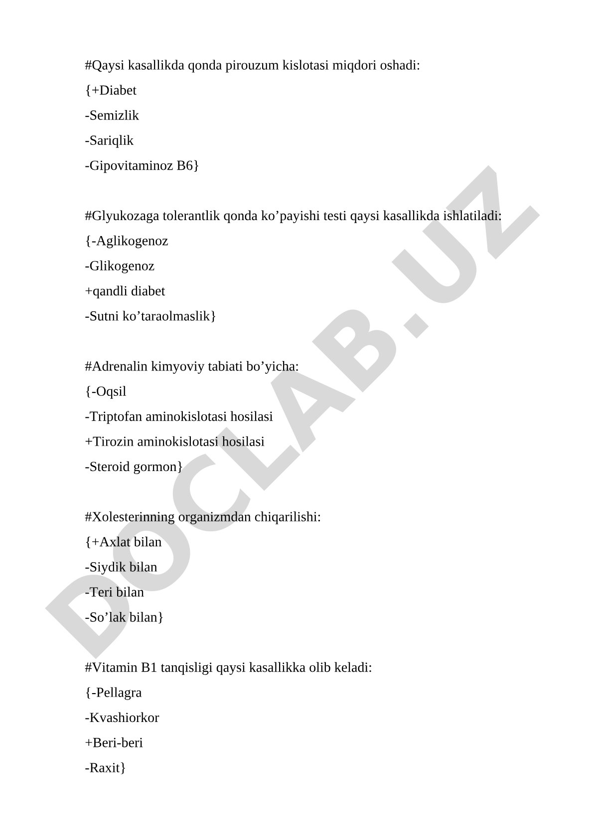 Biokimyo test savollari