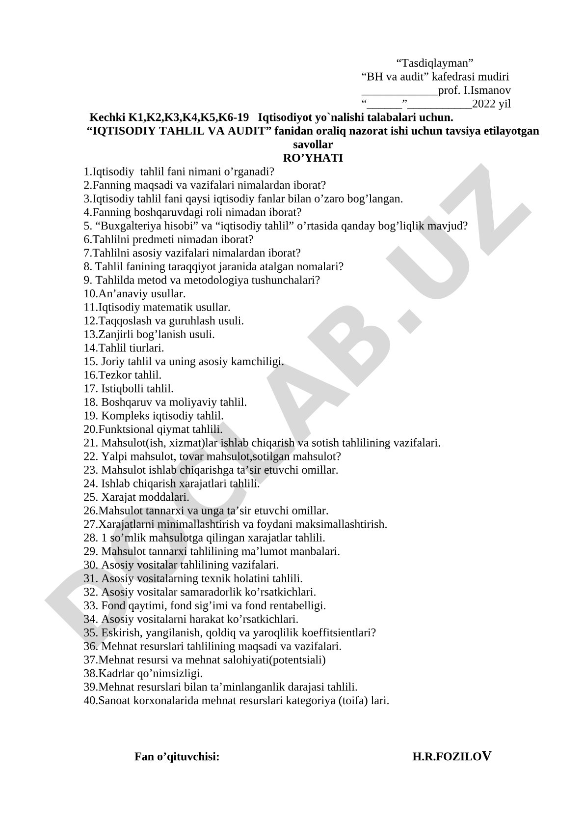 Iqtisodiy tahlil va audit fanidan oraliq nazorat savollari
