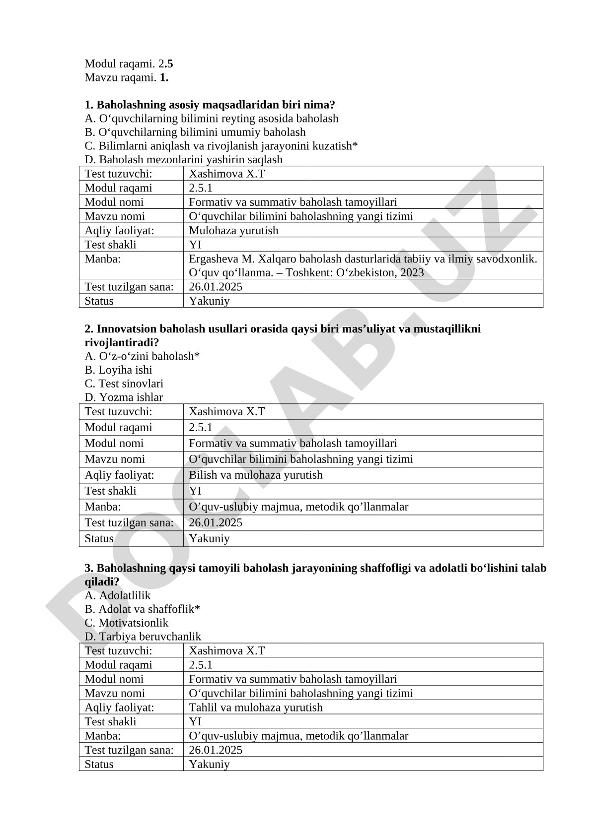 O‘quvchilar bilimini baholashning yangi tizimi