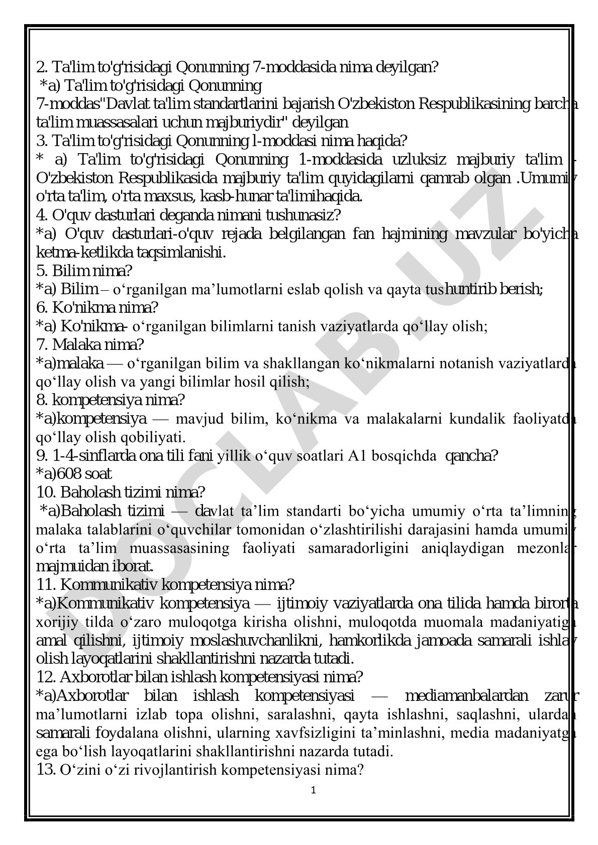 Ta'lim to'g'risidagi qonun va pedagogika fanidan test savollari