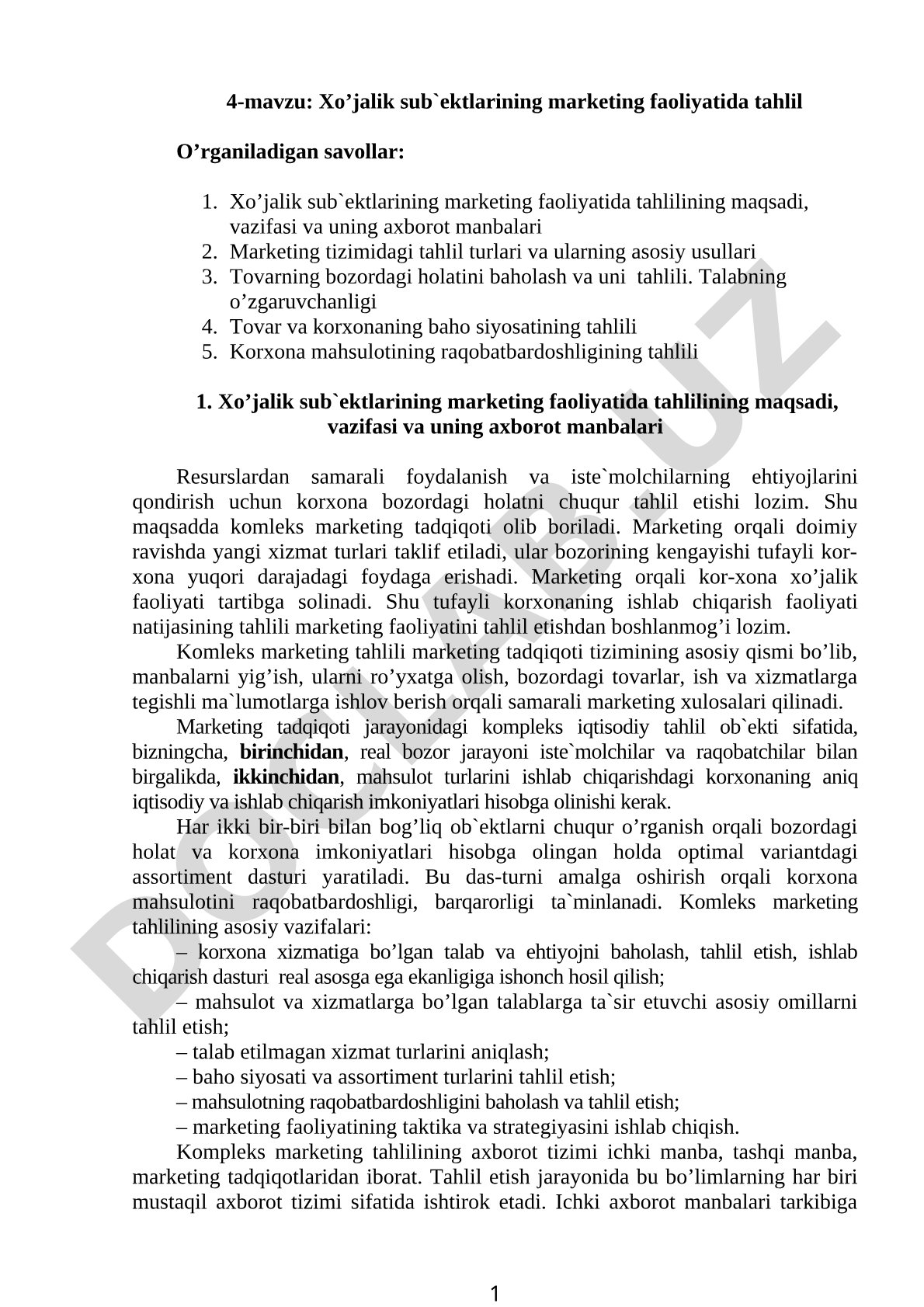 Xo’jalik sub’ektlarining marketing faоliyatida tahlil