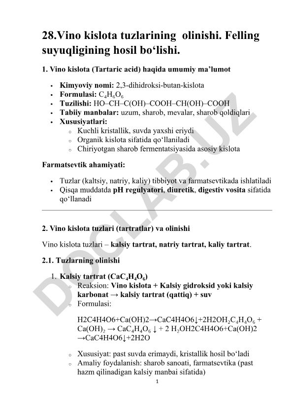 Vino kislota tuzlarining olinishi va Felling suyuqligi