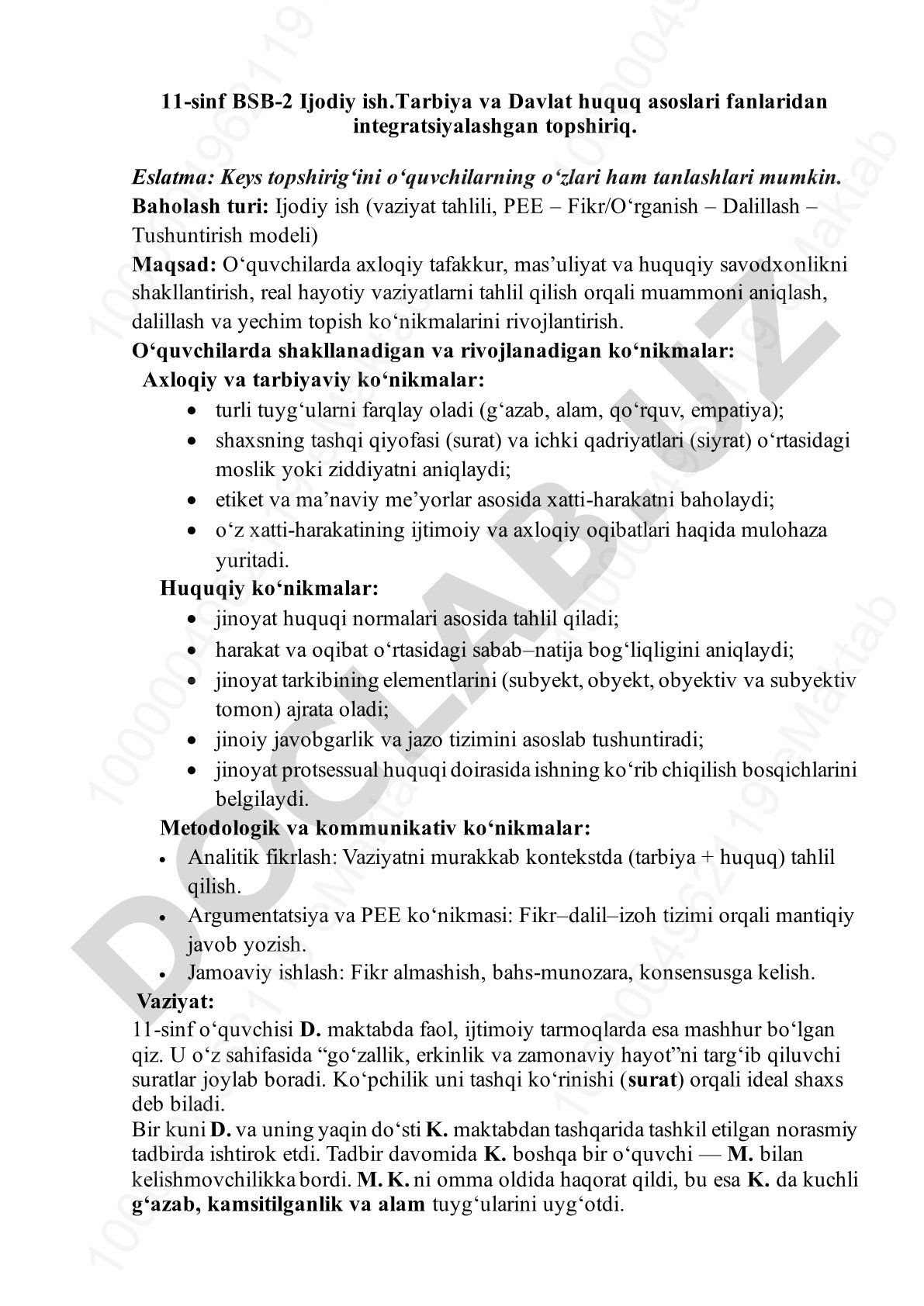 11-sinf Tarbiya va Davlat huquq asoslari fanlaridan integratsiyalashgan topshiriq