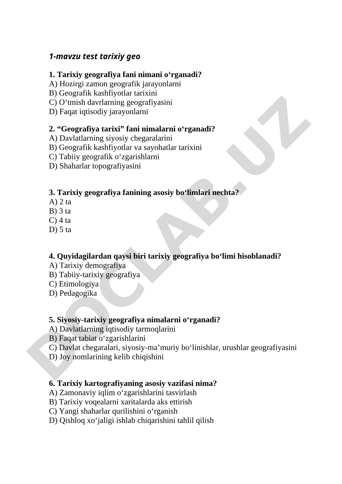 Tarixiy geografiya fanidan test
