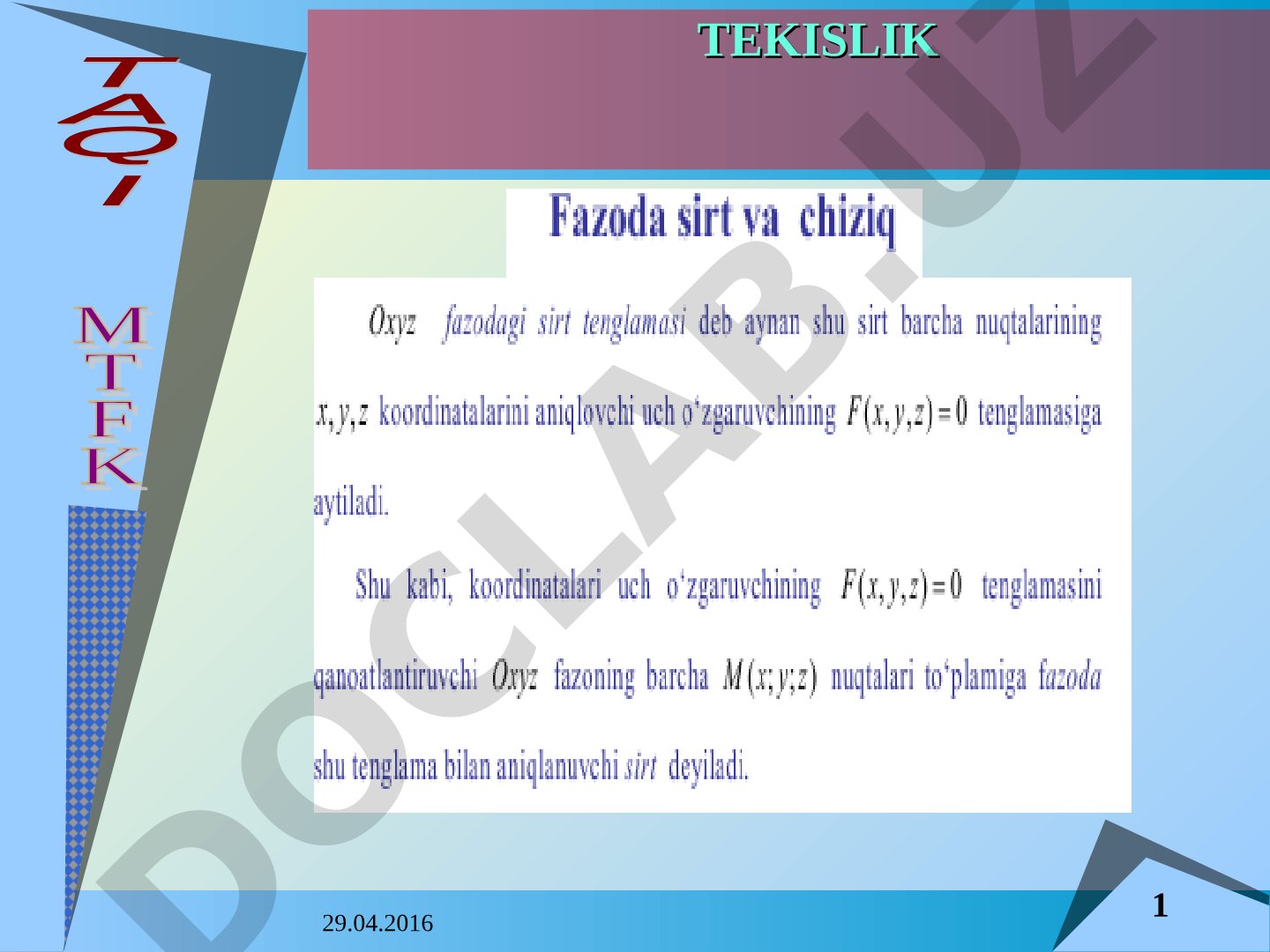 Tekislik mavzusida xorijiy adabiyotlardan foydalanish