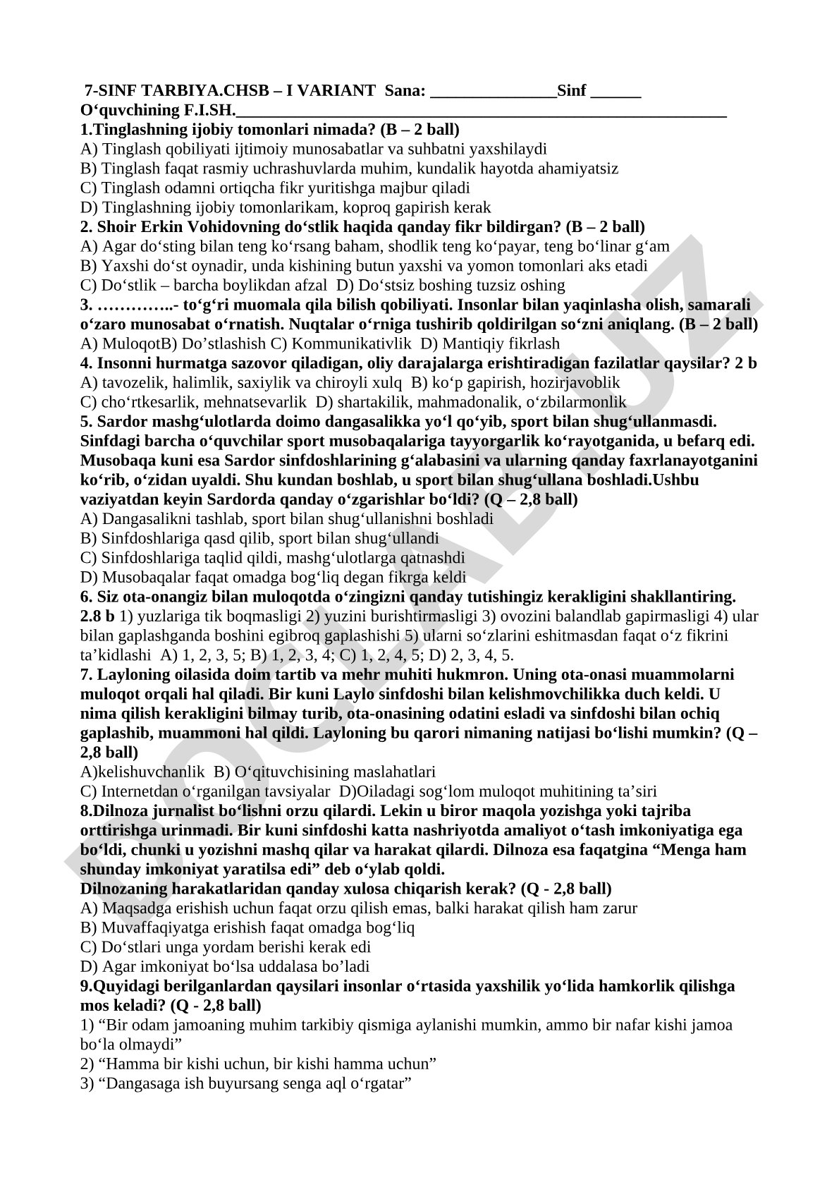 7-sinf Tarbiya fanidan test