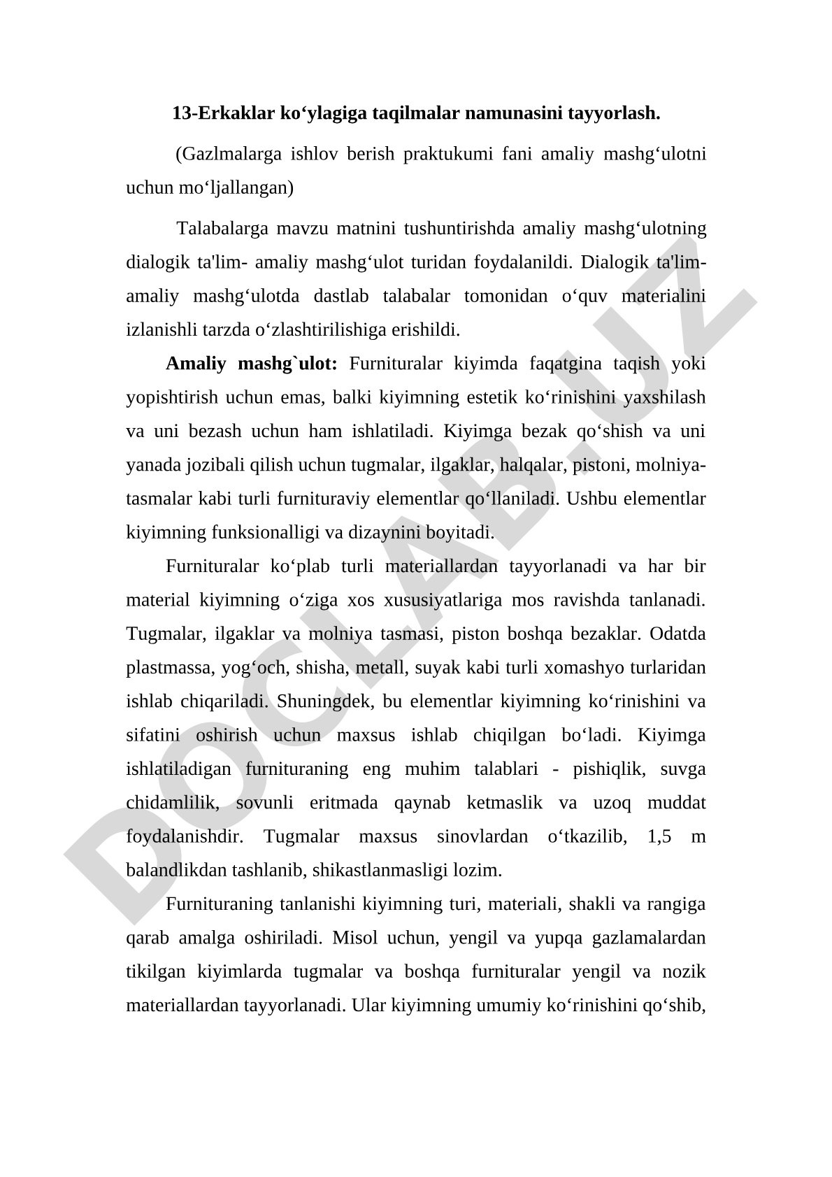 Erkaklar ko‘ylagiga taqilmalar namunasini tayyorlash