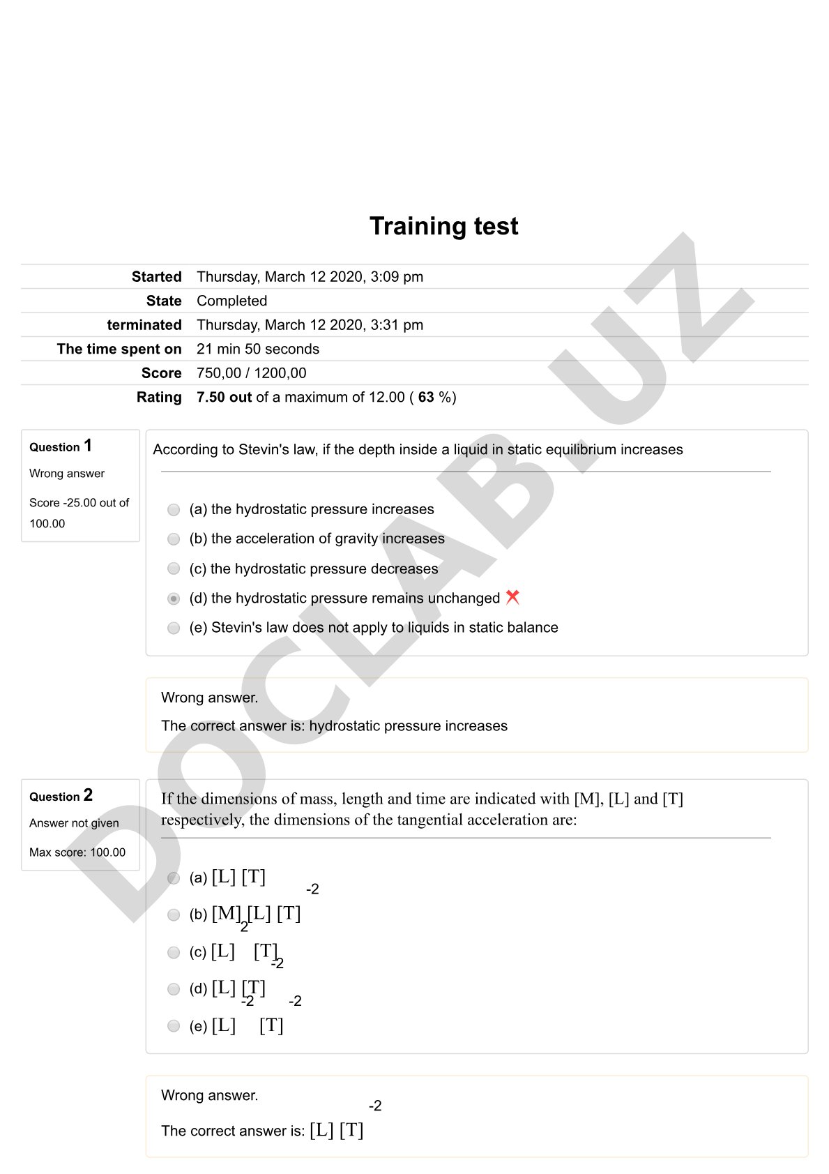 Physics training test on hydrostatics, kinematics and ideal gas