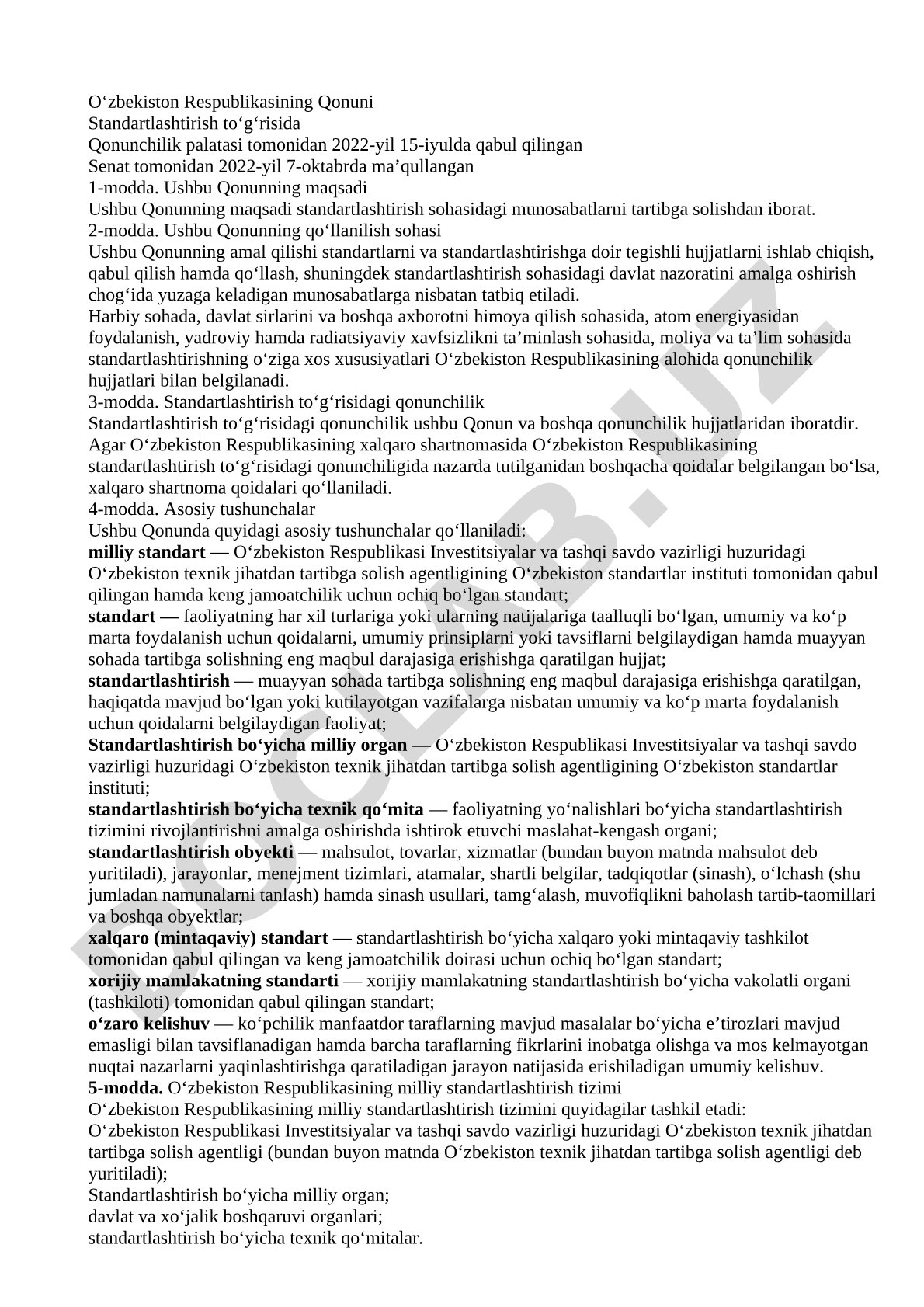 O'zbekiston Respublikasining Standartlashtirish to'g'risidagi qonuni