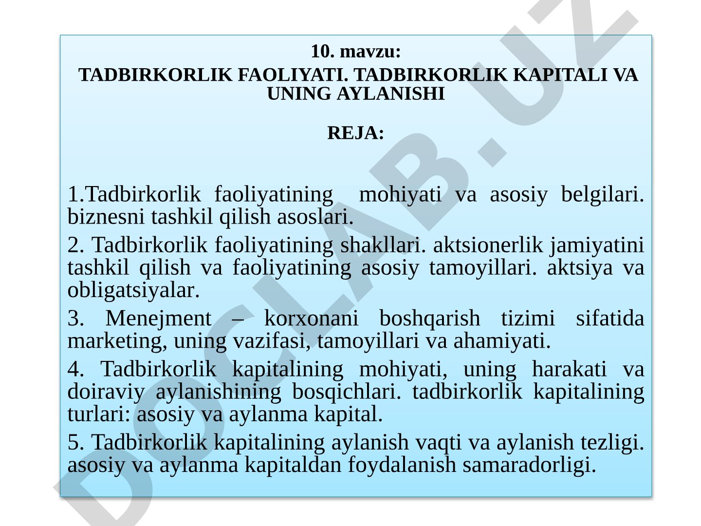 Tadbirkorlik faoliyati, kapital va uning aylanishi