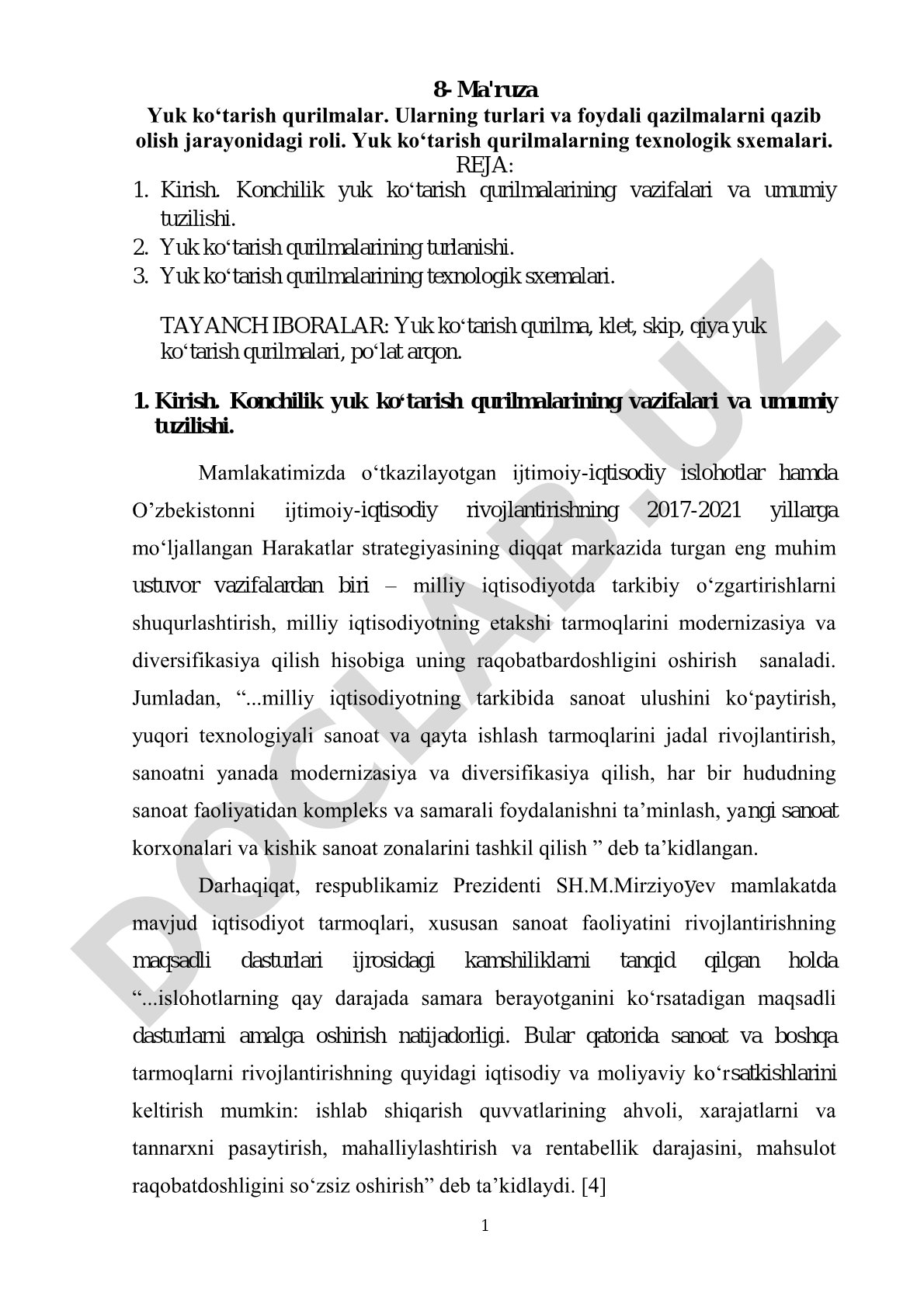 Yuk ko'tarish qurilmalar, ularning turlari va foydali qazilmalarni qazib olish