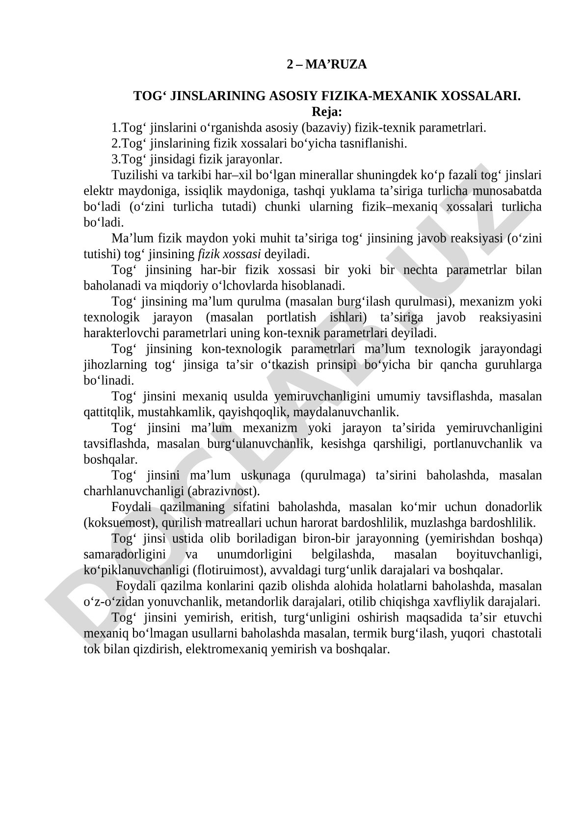 Tog‘ jinslarining asosiy fizika-mexanik xossalari