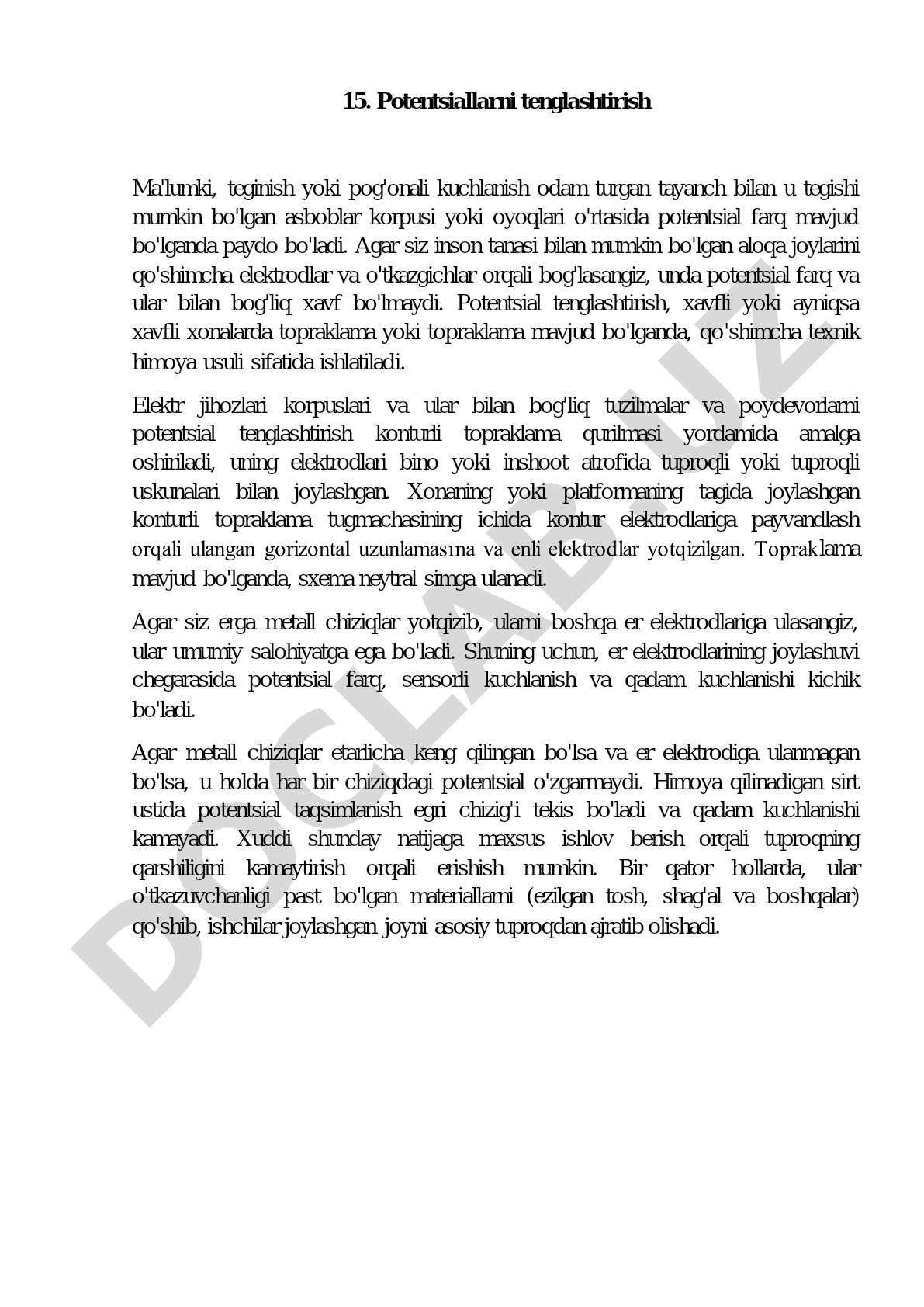 Potentsiallarni tenglashtirish orqali teginish kuchlanishidan himoya qilinadi