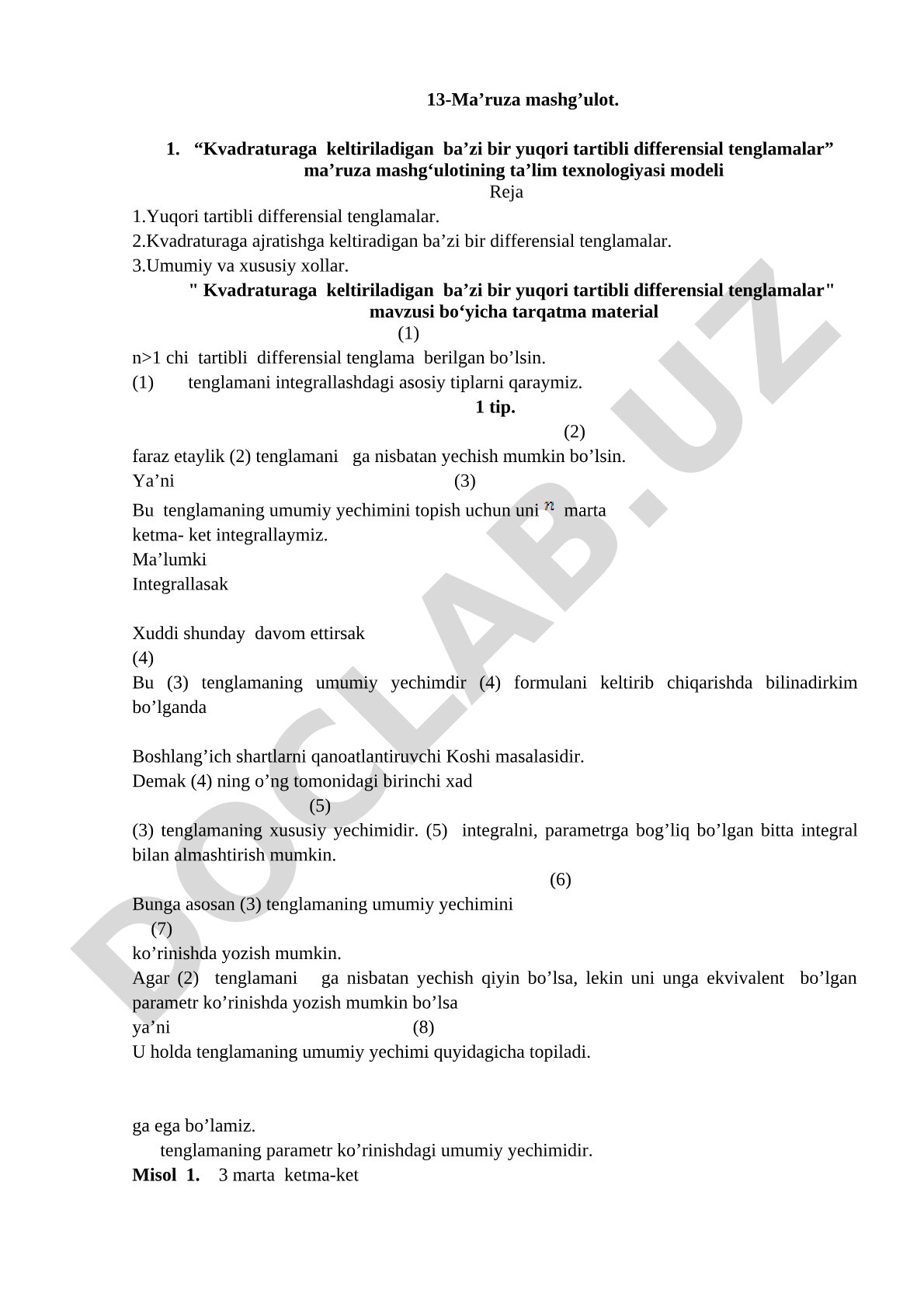 Kvadraturaga keltiriladigan ba’zi bir yuqori tartibli differensial tenglamalar