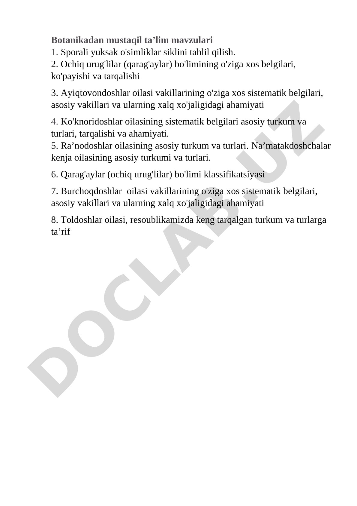 Botanikadan mustaqil ta'lim mavzulari