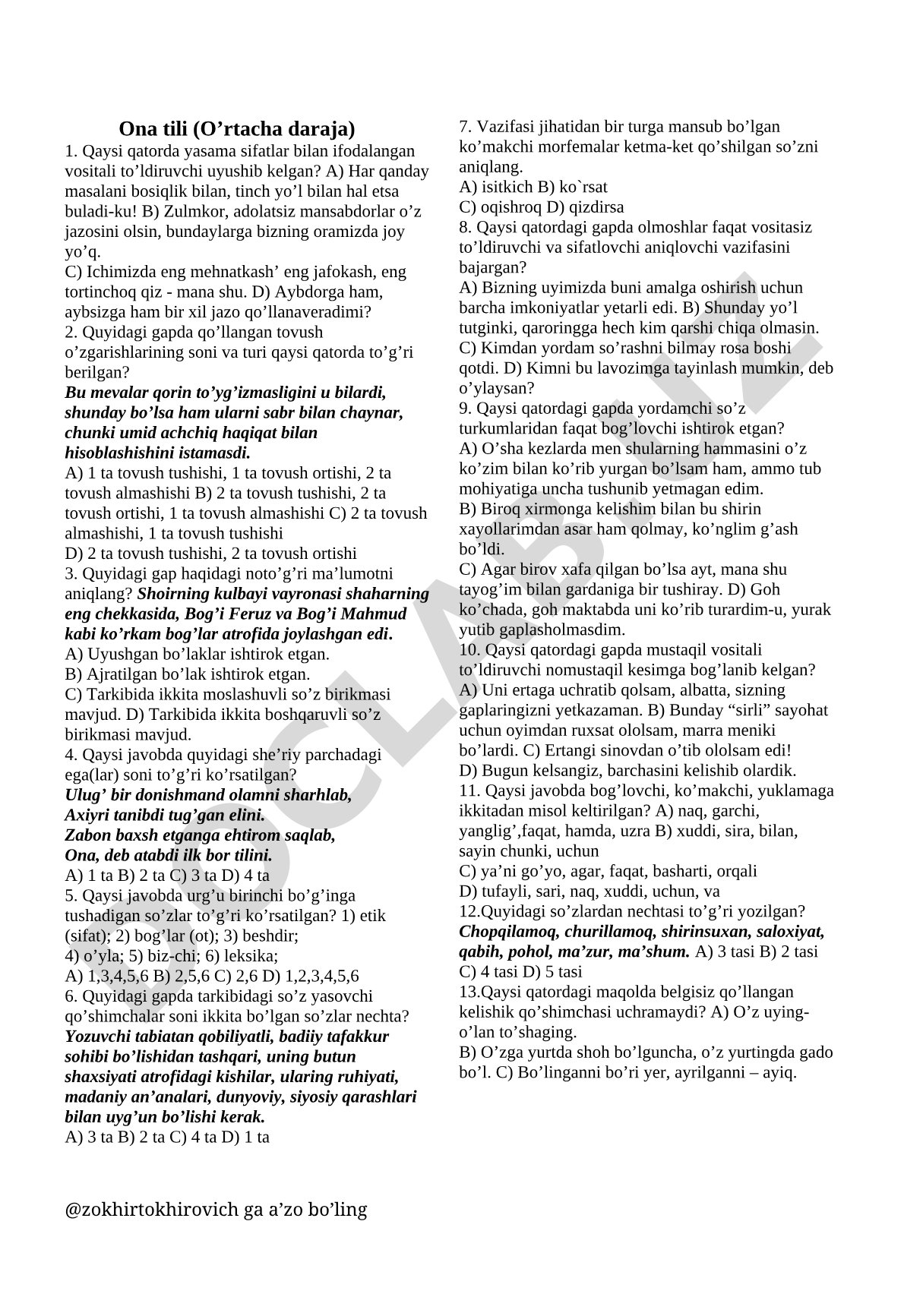 Ona tili (O'rtacha daraja) test savollari