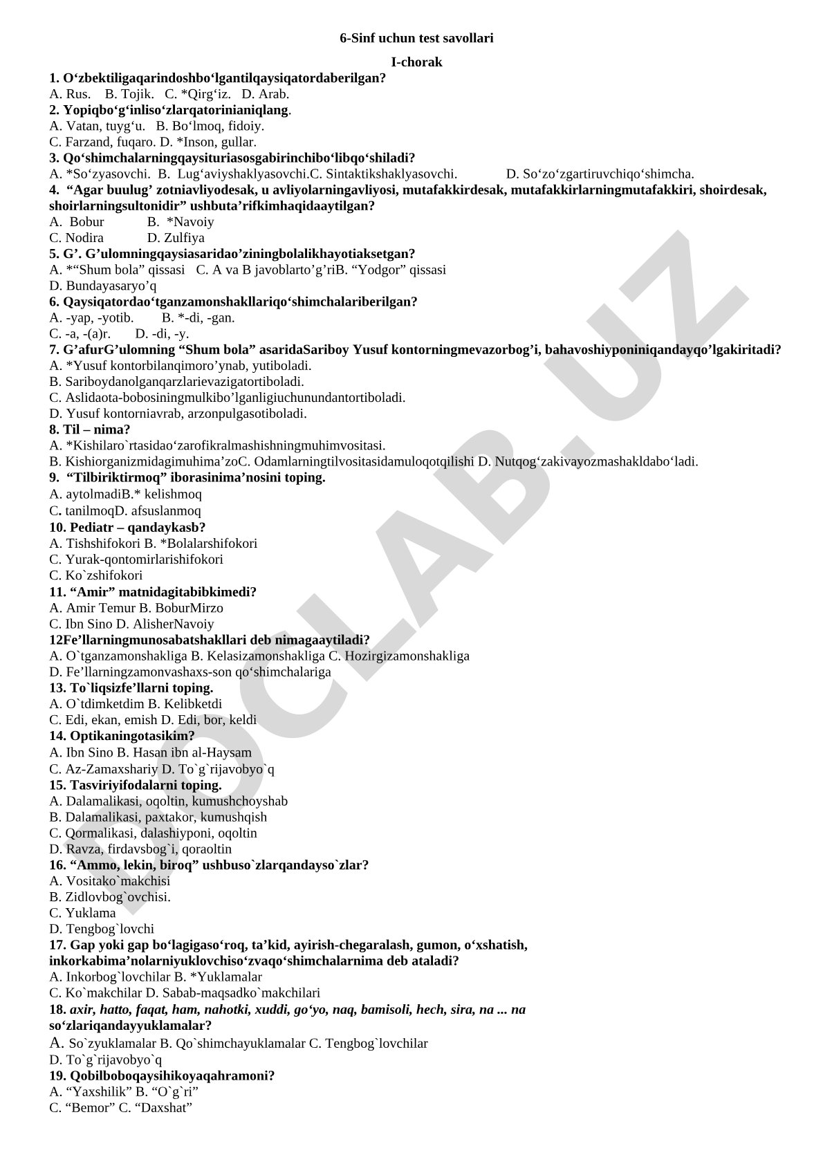 6-sinf uchun test savollari I-chorak