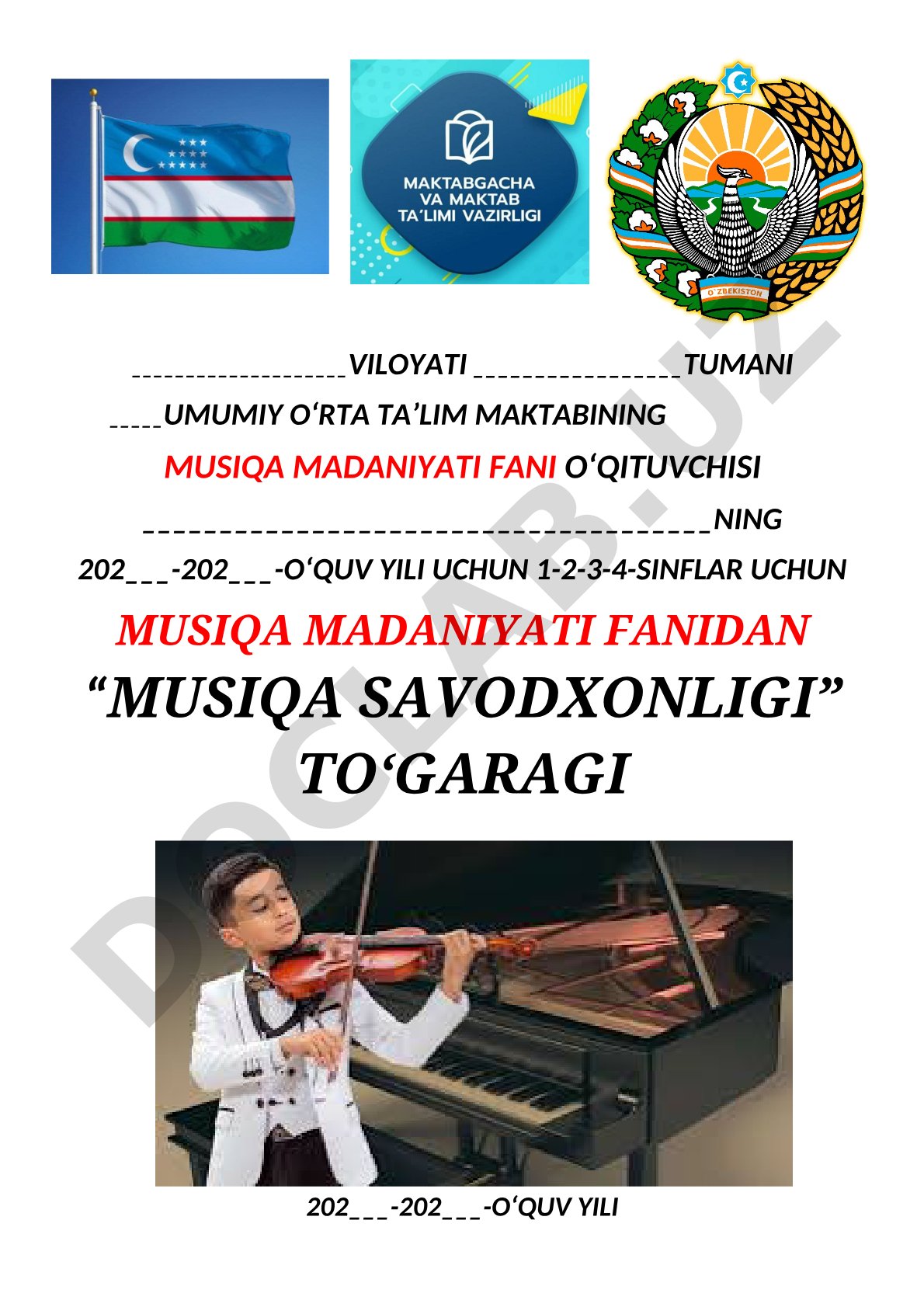 1-4 sinflar uchun musiqa savodxonligi to'garagi ish rejasi