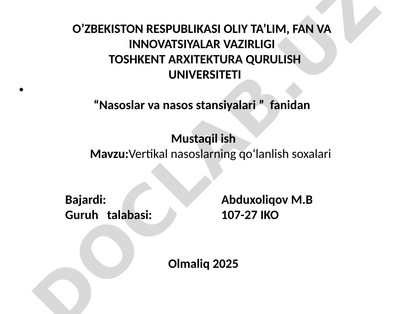 Vertikal nasoslarning qoʻlanlish soxalari