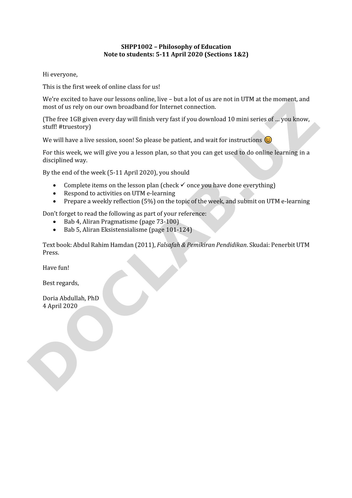 SHPP1002 Philosophy of Education Weekly Online Lesson Plan