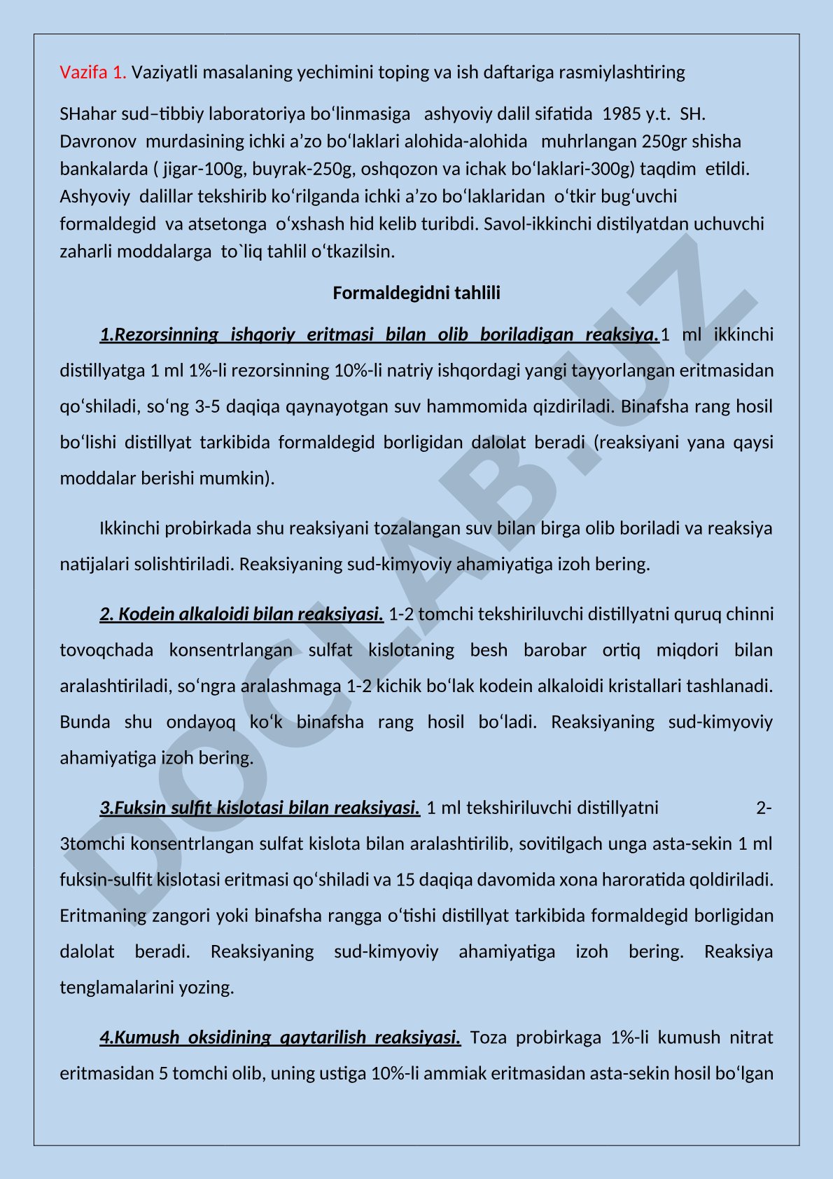 Sud-tibbiy laboratoriyada formaldegid va atseton tahlili