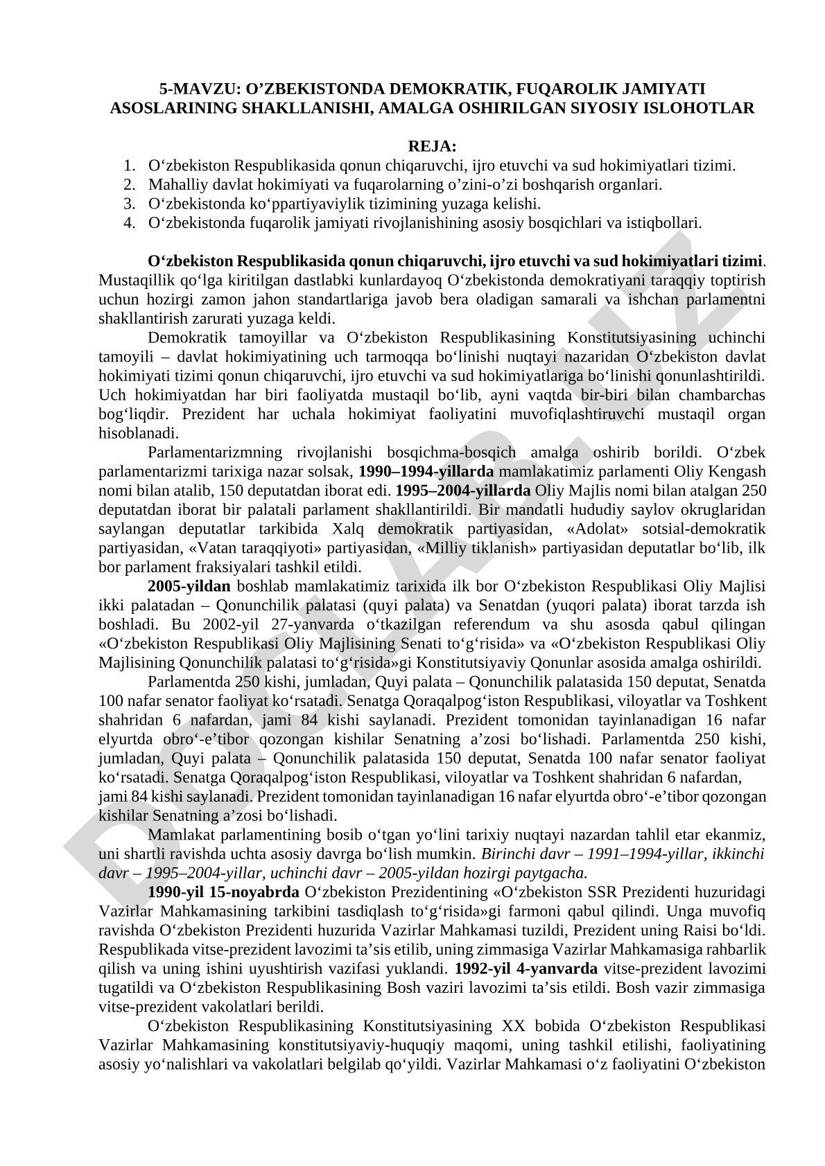 O‘zbekistonda demokratik, fuqarolik jamiyati asoslarining shakllanishi, amalga oshirilgan siyosiy islohotlar